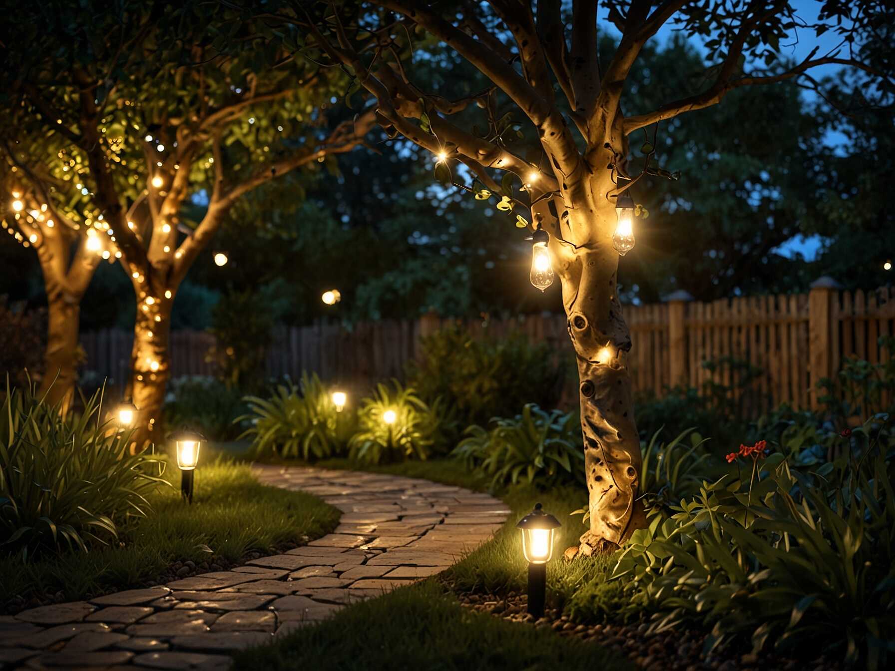 Incorporate garden lighting to enjoy your outdoor space after dusk. Solar-powered lights along pathways or fairy lights in trees create a magical ambiance.  