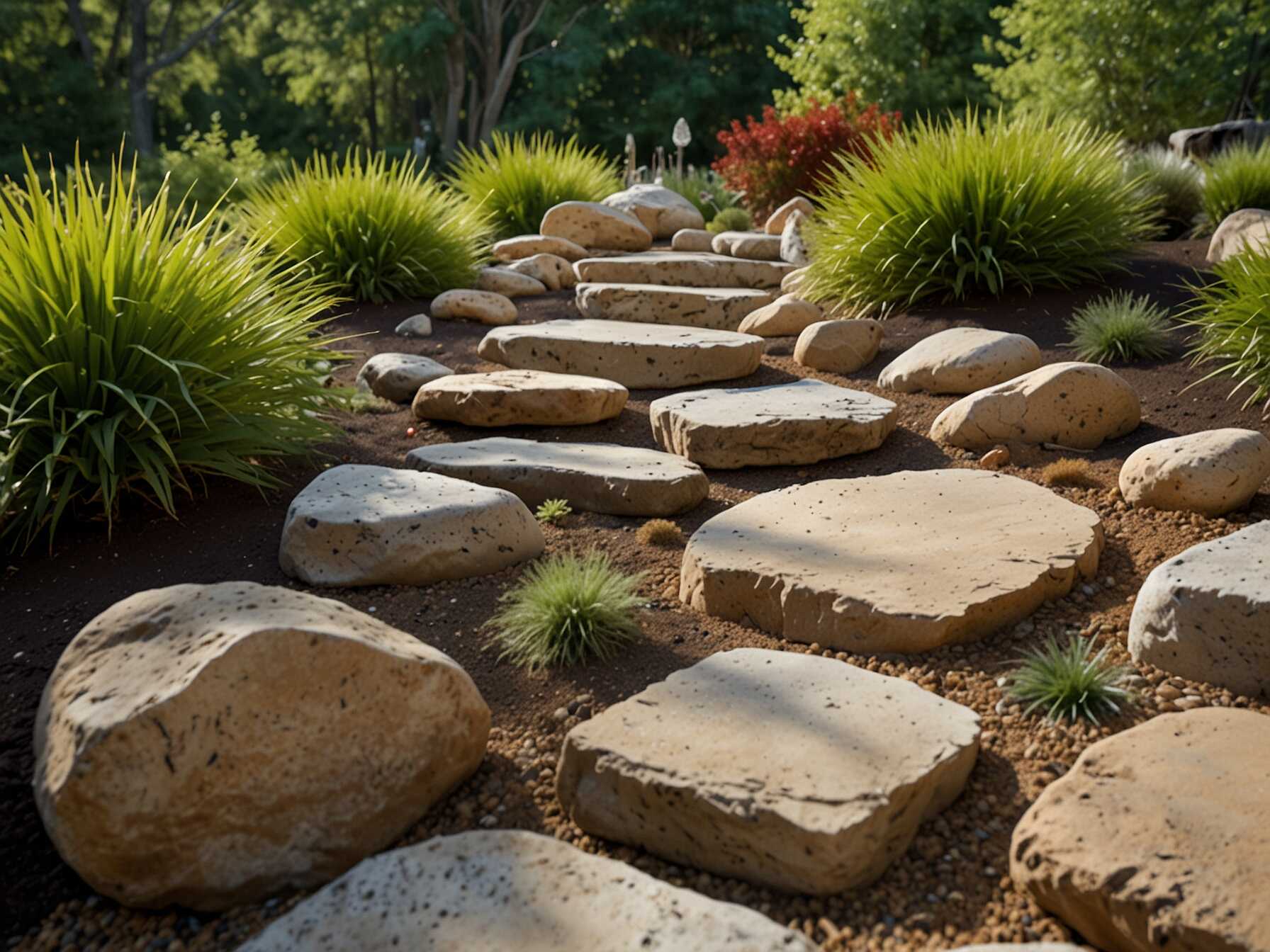 Incorporate natural stone features like boulders or rock gardens. These can add an earthy feel and create interesting textures.  