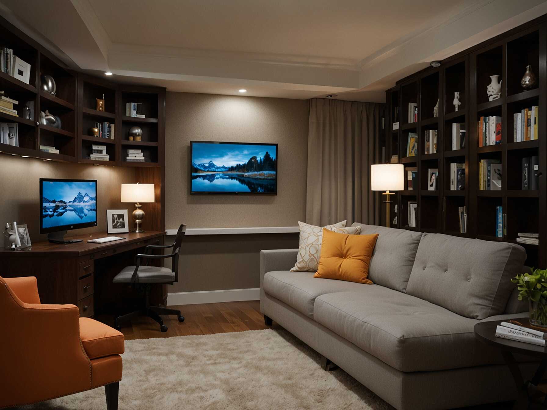 Combine your media room with a home office or guest room. Use a fold-out sofa bed or a murphy bed to save space. This way, the room serves more than one function.  