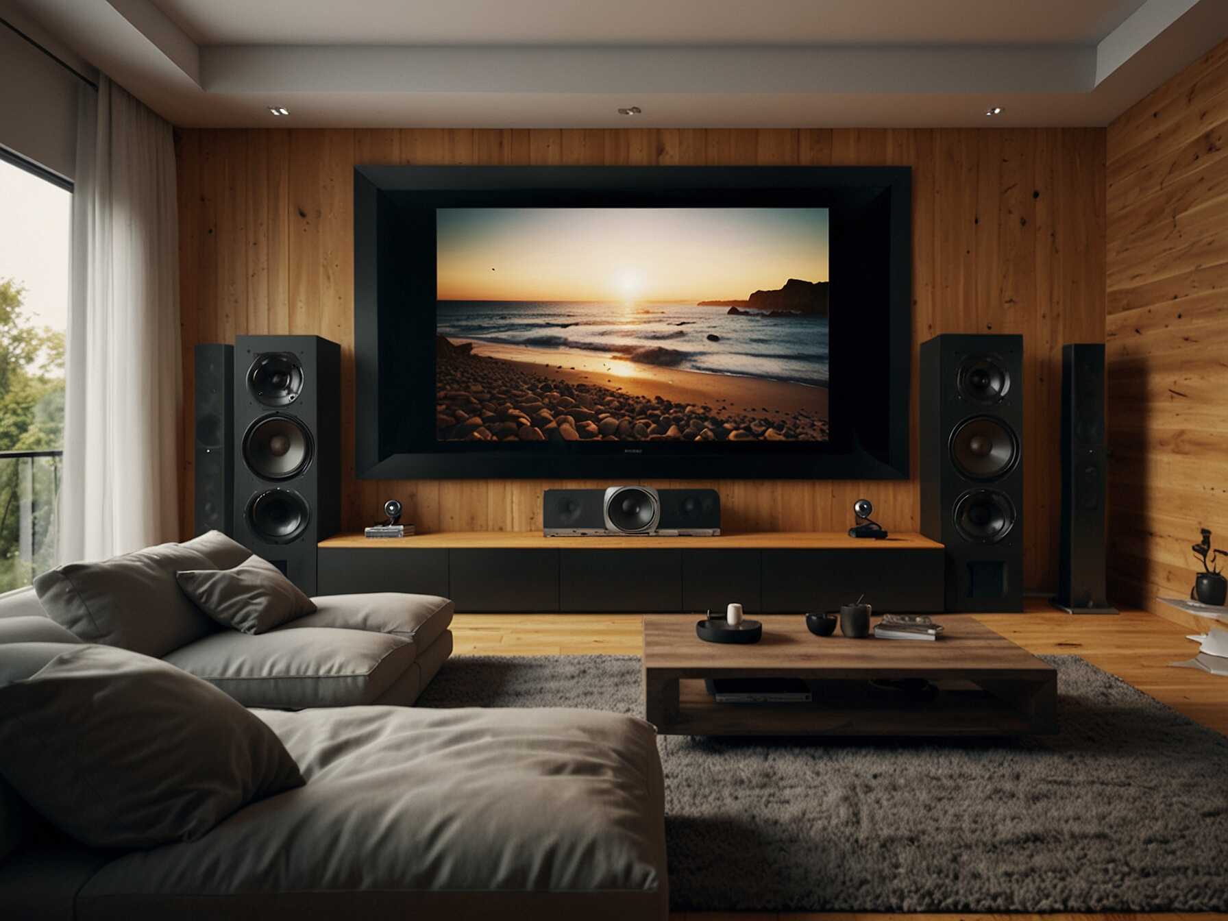 Invest in a good sound system. Place speakers around the room for a surround sound experience. Acoustic panels can reduce echoes and improve sound clarity.  