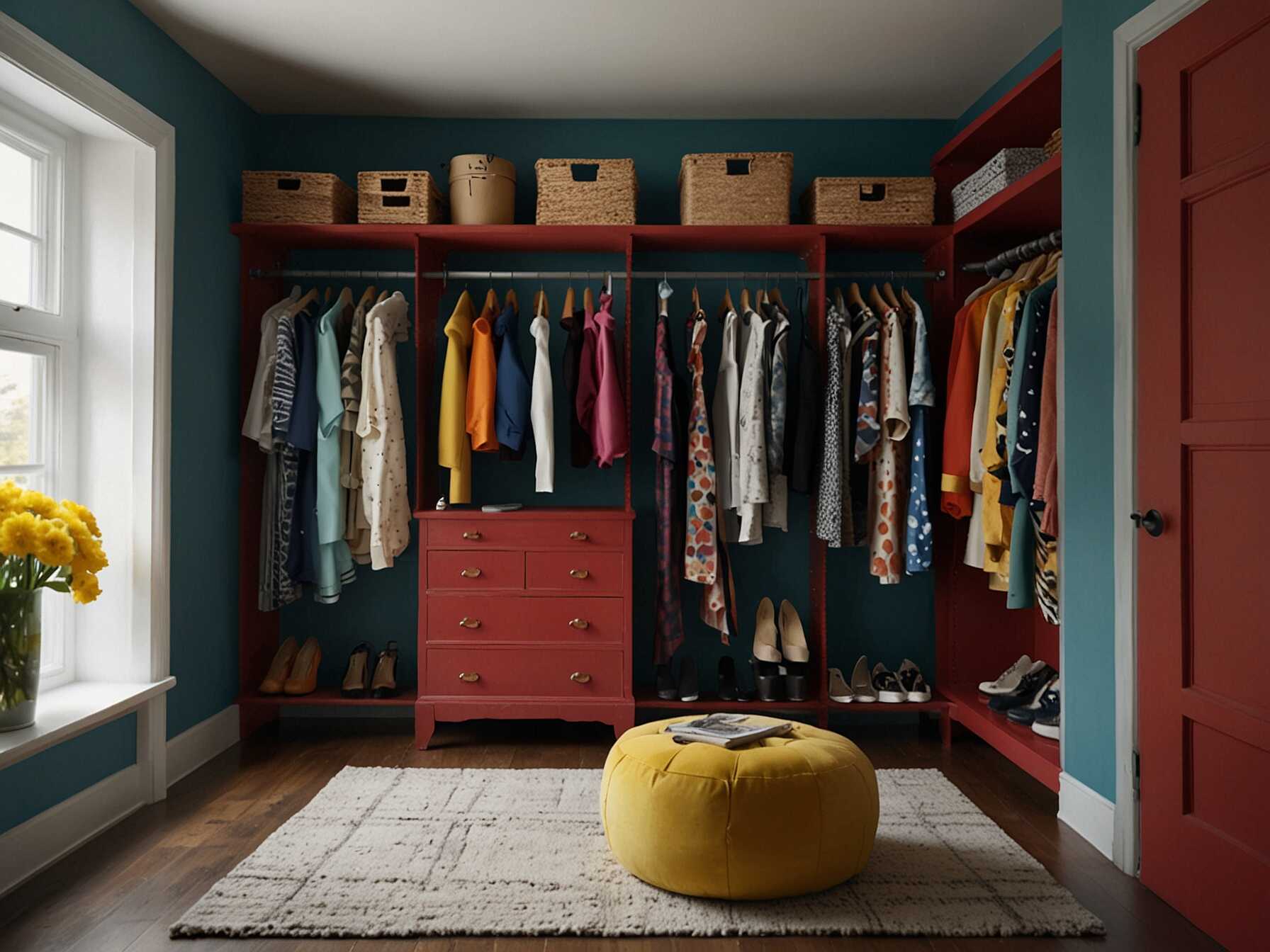  Paint one wall of your walk-in closet a bold color. It adds a fun touch to the room. Bright colors can make the space feel cheerful.  