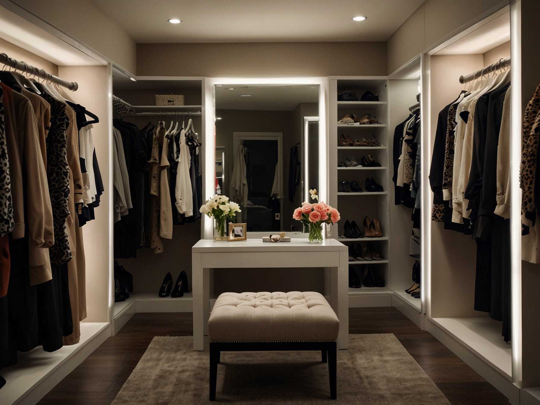  Create a vanity area in your walk-in closet. Add a small table, a mirror, and good lighting. It gives you a place to get ready each day.  