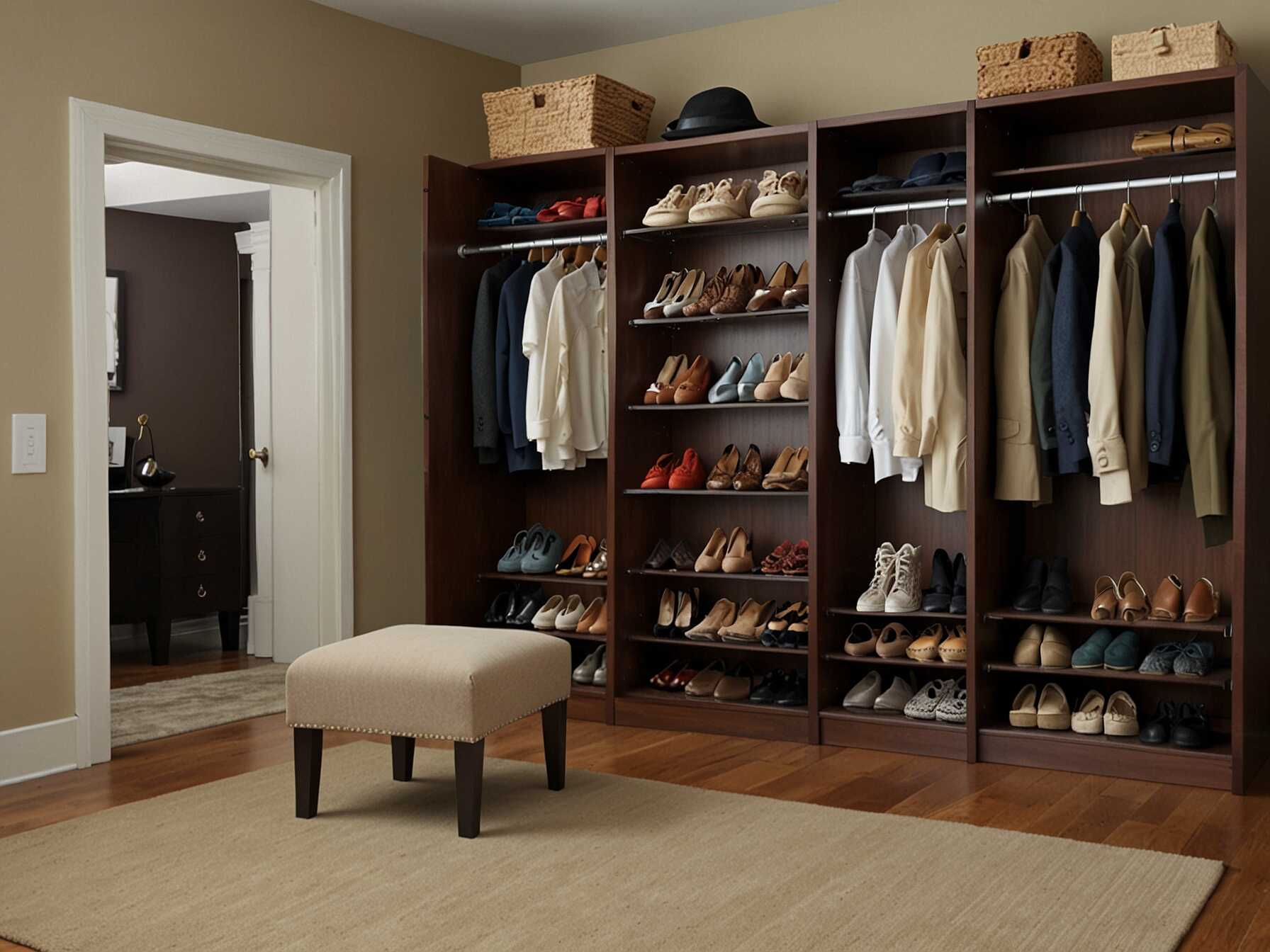  Install built-in shoe racks on one wall of your walk-in closet. This keeps shoes organized and off the floor. You can see all your shoes at a glance.  