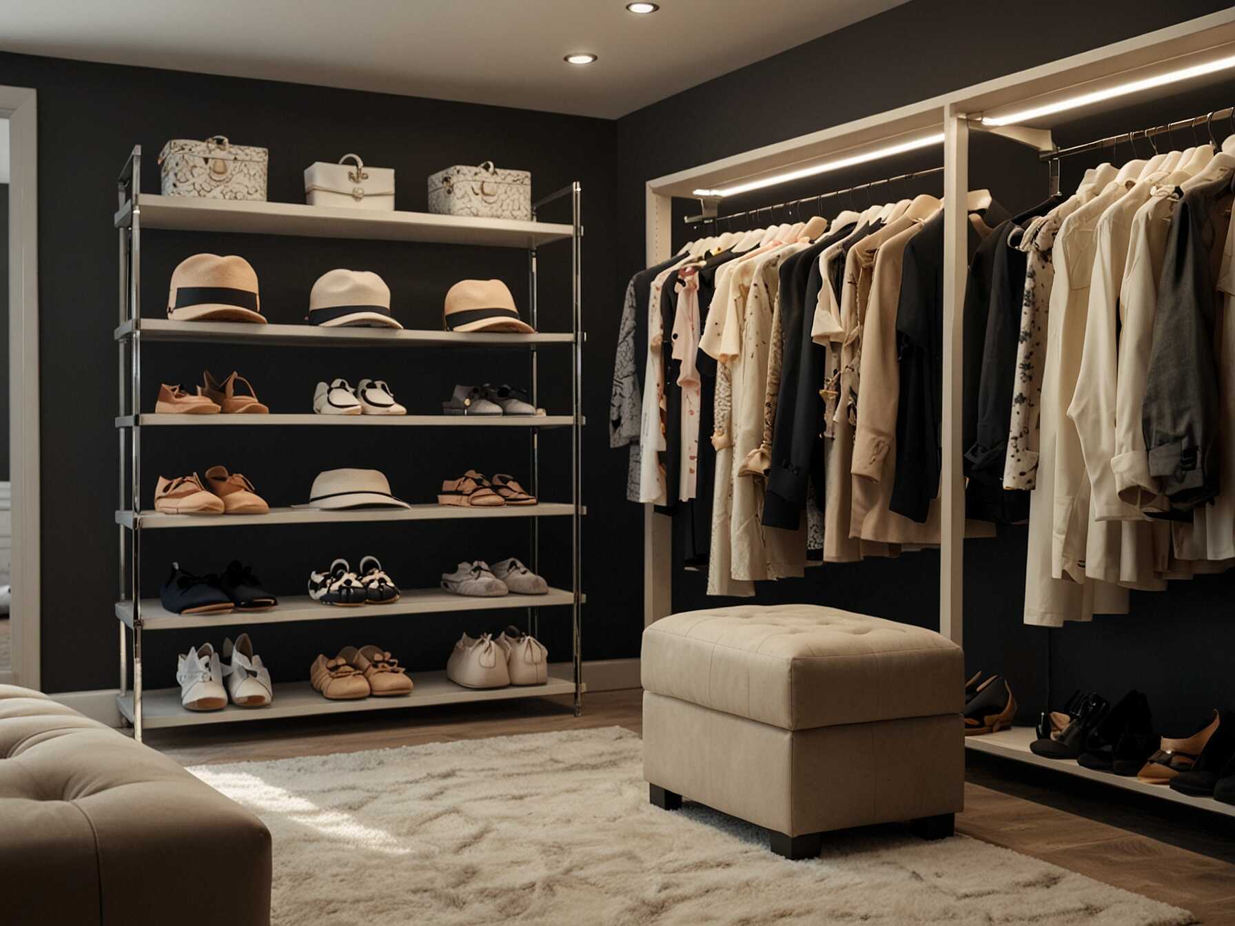  Use open shelves to display your accessories in your walk-in closet. Show off your jewelry, bags, and hats. It makes finding what you need easier.  