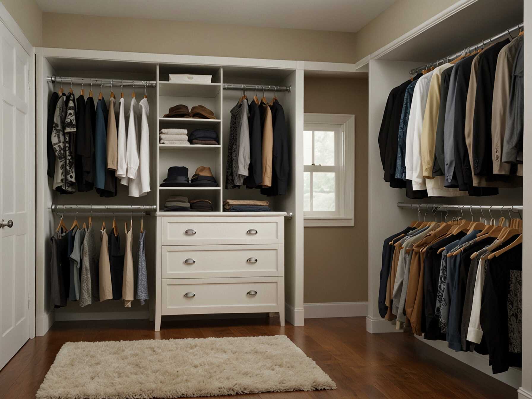  Install double hanging rods in your walk-in closet. Place one rod above the other. This gives you twice the hanging space.  