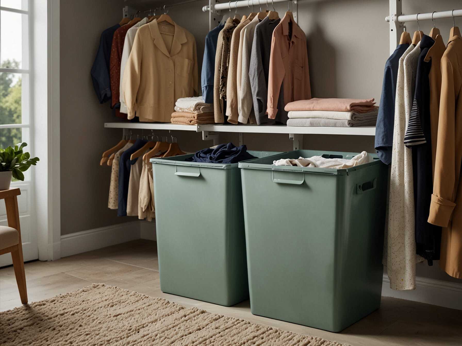  Include a hidden laundry bin in your walk-in closet. It keeps dirty clothes out of sight. Choose a bin with a lid to keep the closet smelling fresh.  