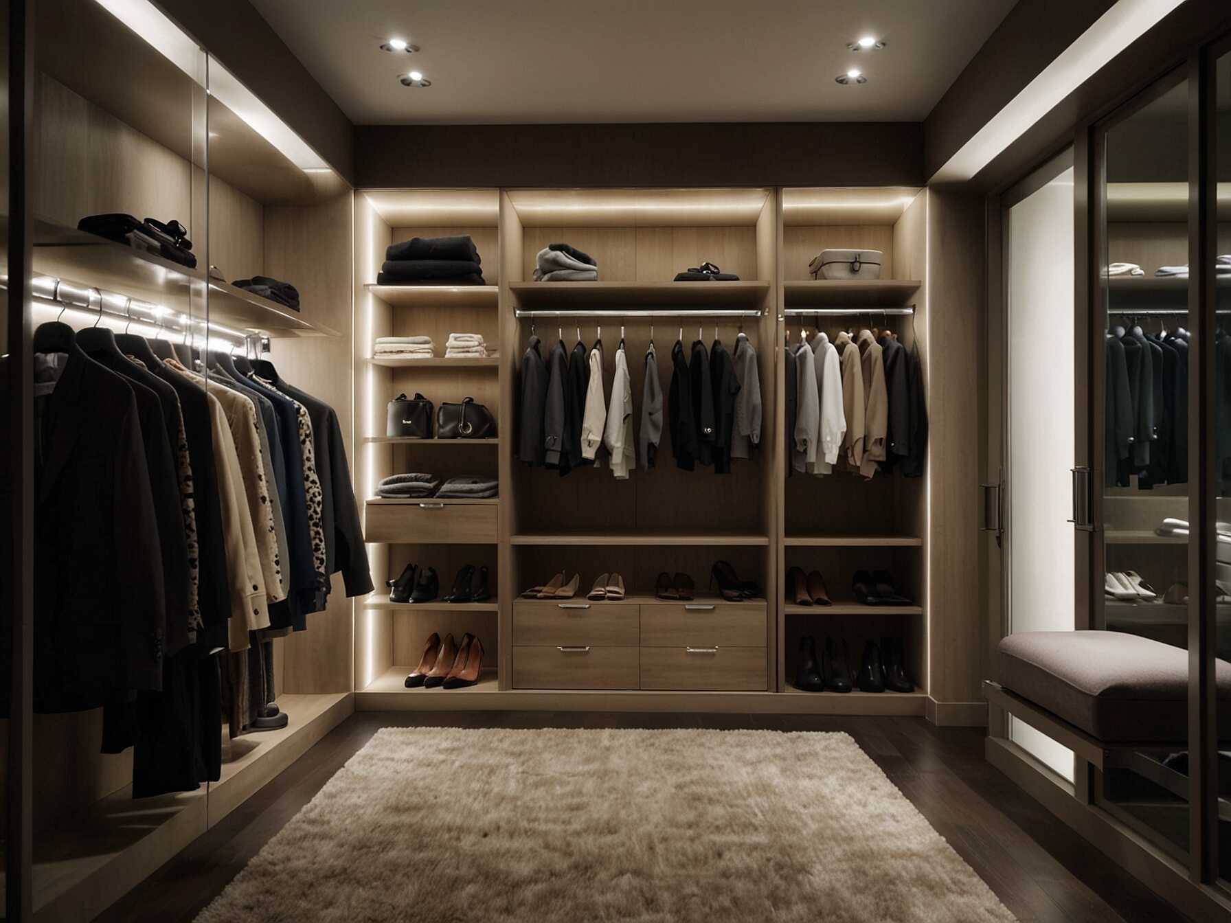  Good lighting is key in a walk-in closet. Use a mix of overhead lights and spotlights. This makes it easier to see your clothes and accessories.  