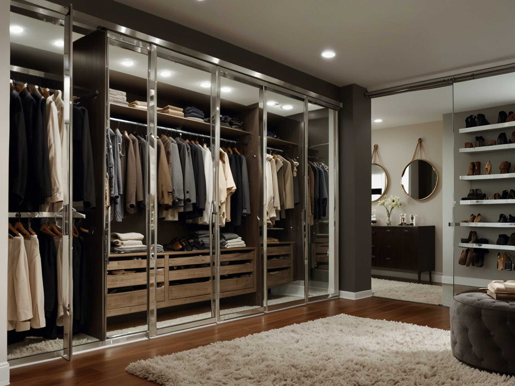  Install a full-length mirror in your walk-in closet. It helps you check your outfit from head to toe. Mirrors also make the space look bigger.  