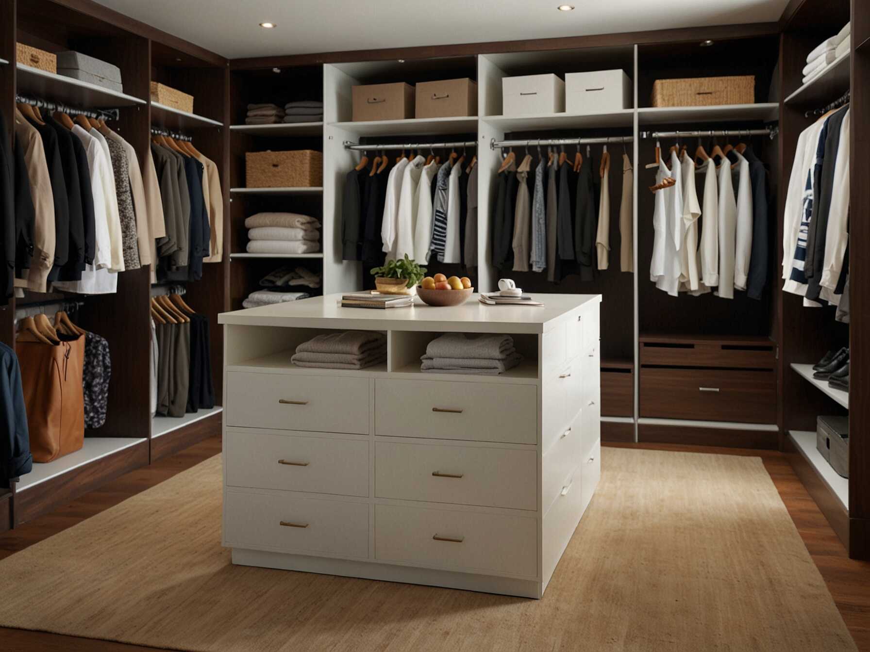  Place a small island in the center of your walk-in closet. It gives you extra storage and a spot to fold clothes. Choose one with drawers and shelves for more organization.  