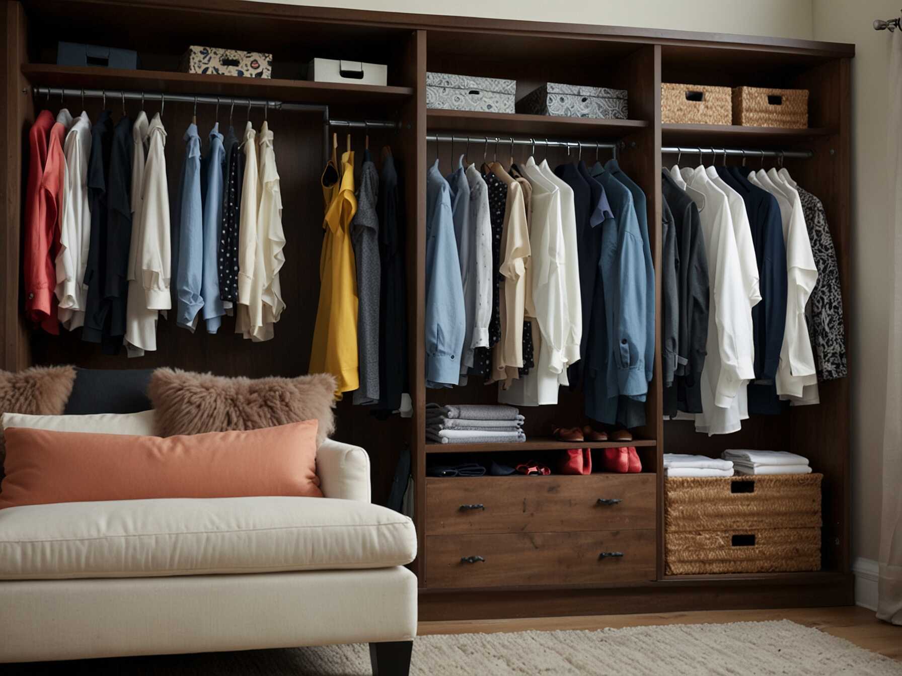  Organize your clothes in your walk-in closet by season. Keep off-season clothes in high shelves or in bins. Rotate your wardrobe as the seasons change.  