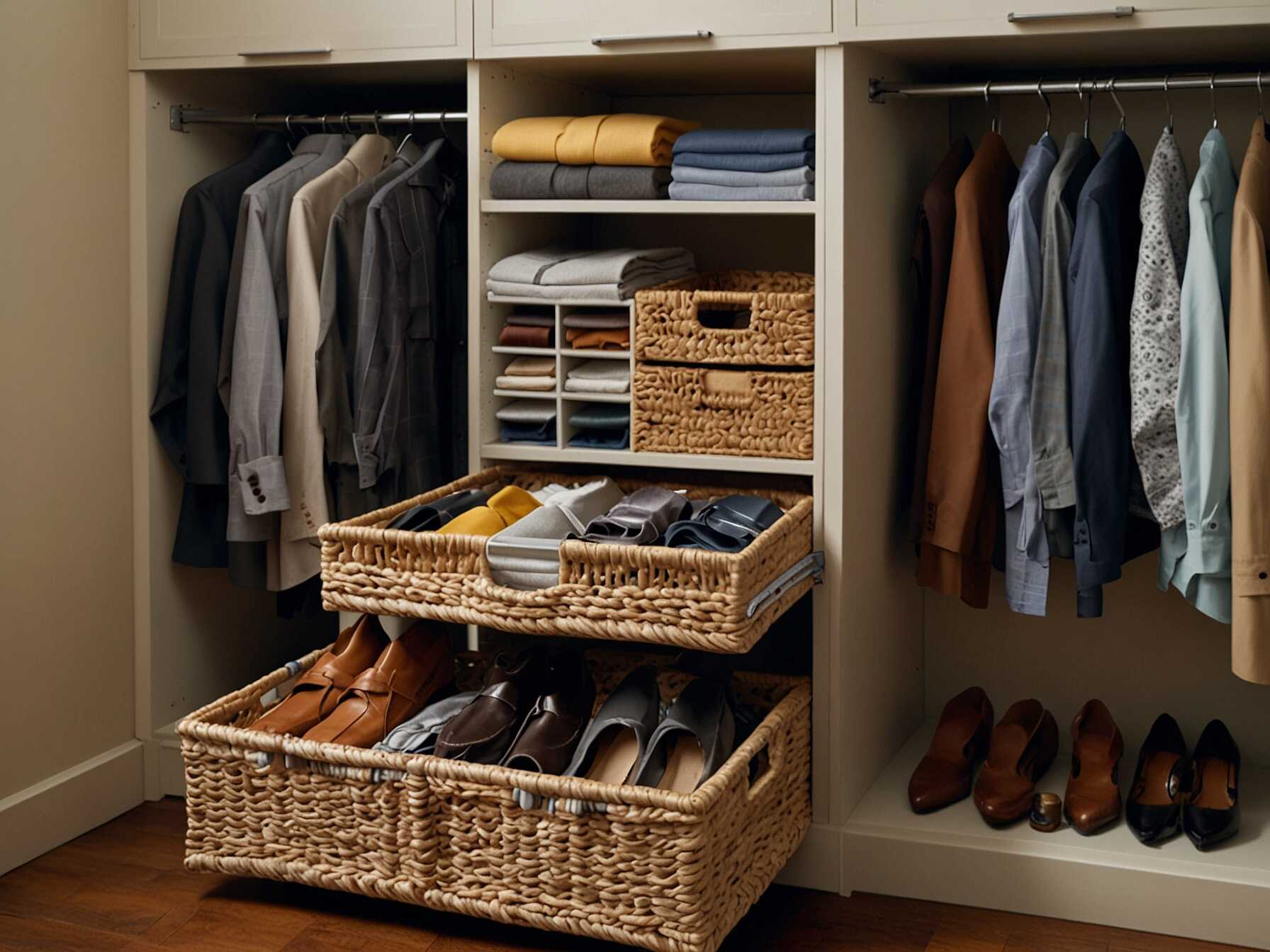  Use pull-out baskets in your walk-in closet for items like ties and belts. They keep things organized and easy to access. You can see everything at a glance.  