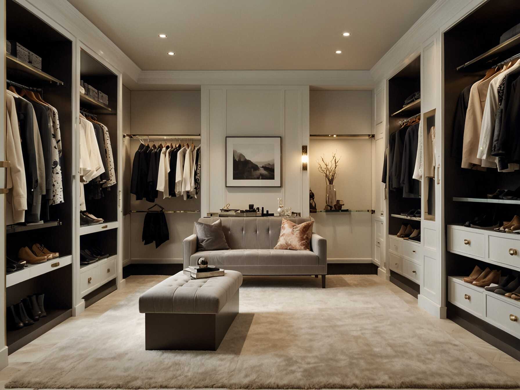  Add a stylish chair or small bench in your walk-in closet. It gives you a place to sit while putting on shoes. Choose one that adds a touch of luxury.  