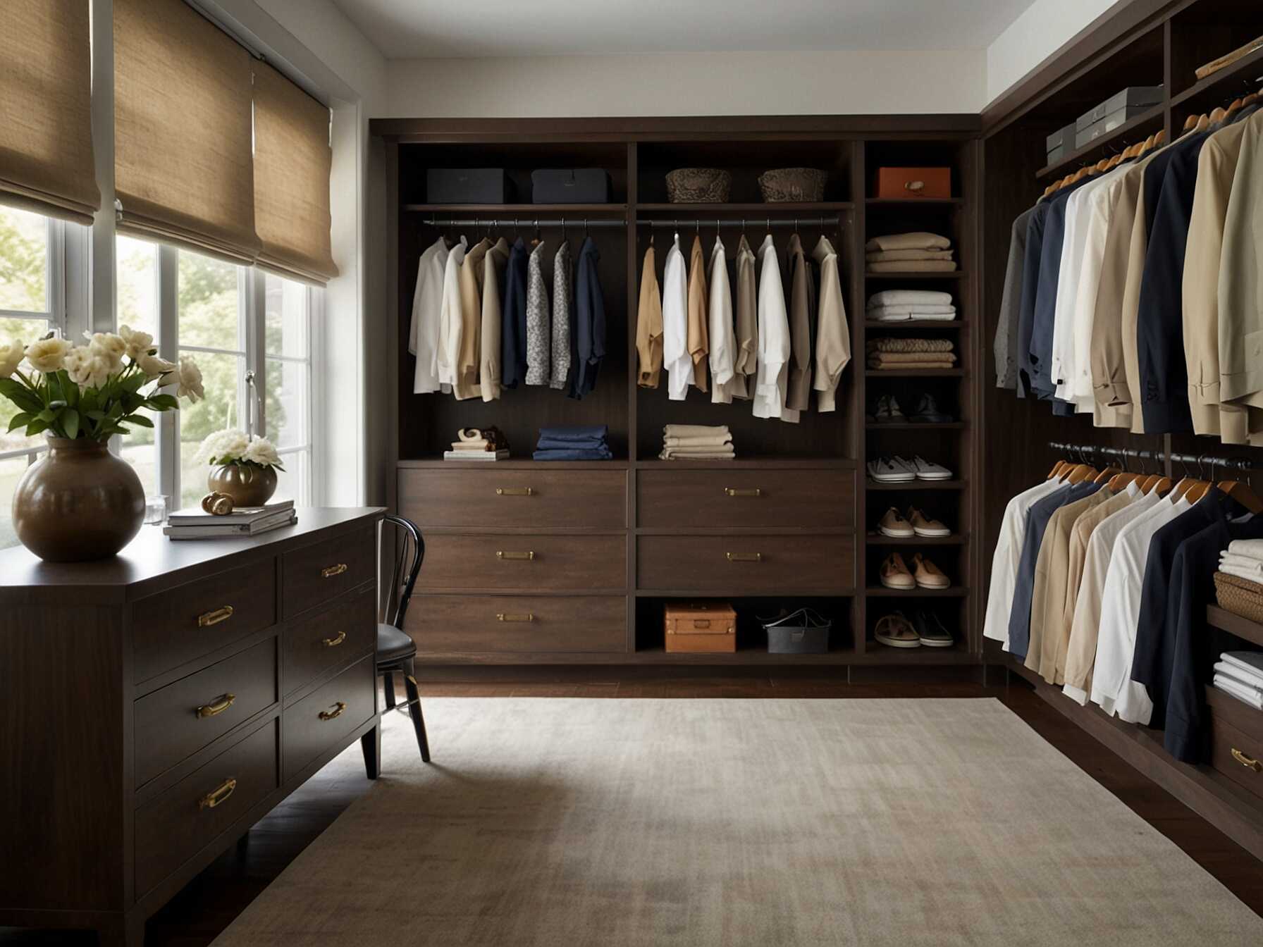  Stick to a color scheme in your walk-in closet. It makes the space look stylish and put-together. Choose neutral tones for a classic look.  