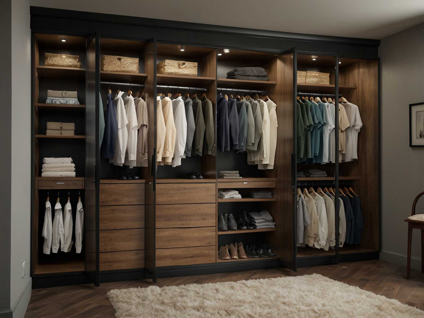  Glass doors on your shelves and cabinets in the walk-in closet look classy. They protect your clothes from dust. You can still see everything inside.  