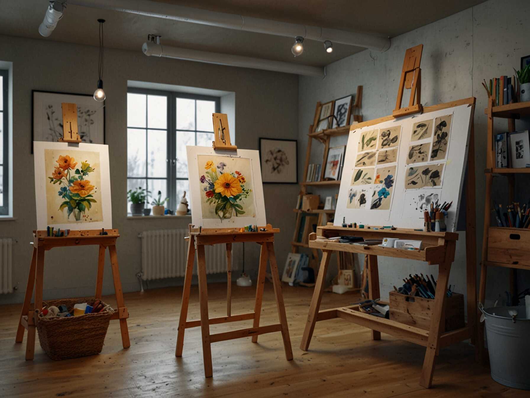 Design an art studio in your basement. Use easels, tables, and storage for your supplies. Make sure to have good lighting and ventilation for your projects.  