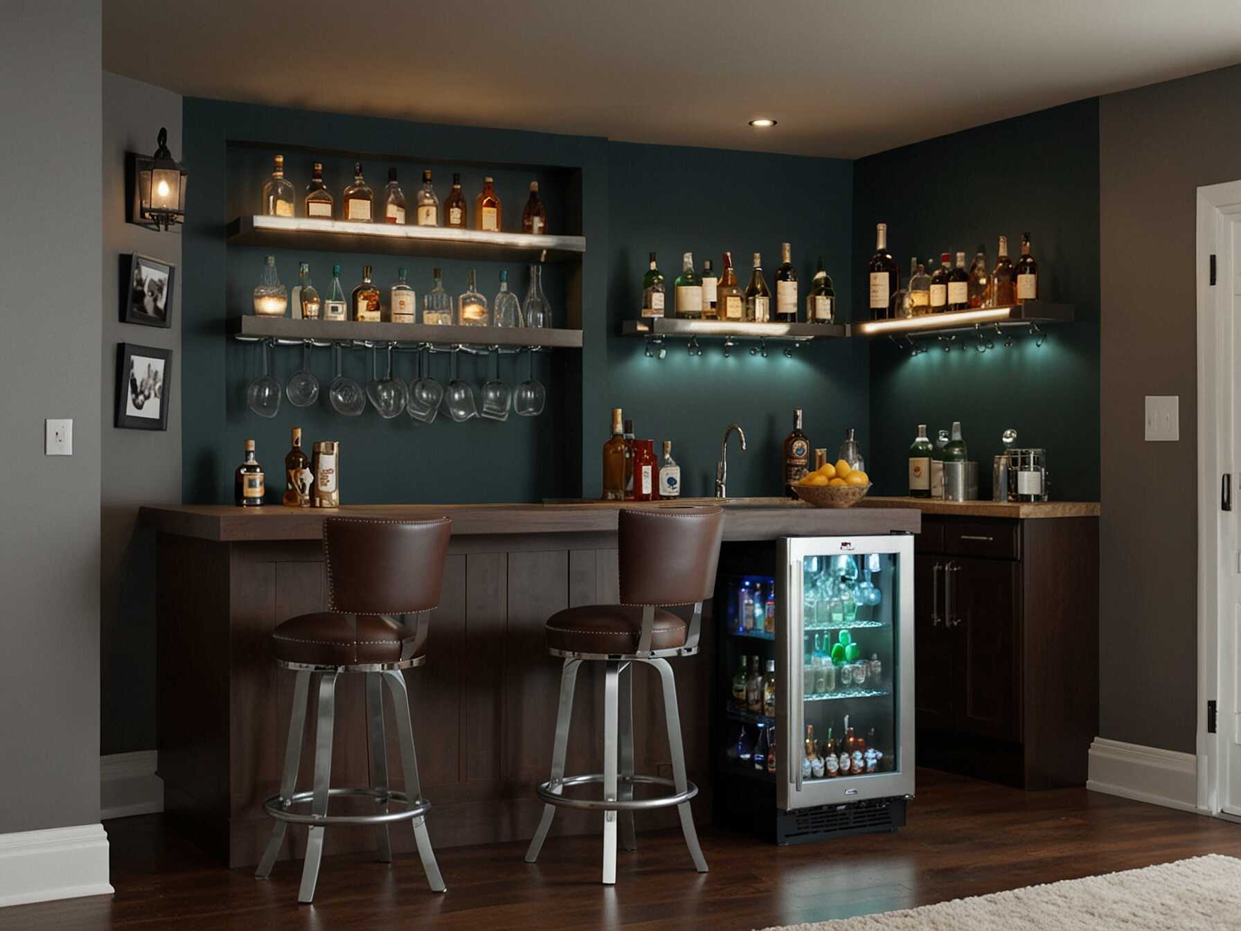 Create a cool basement bar for entertaining. Install a counter, stools, and shelves for drinks. Add some mood lighting and a mini fridge to keep beverages cold.  