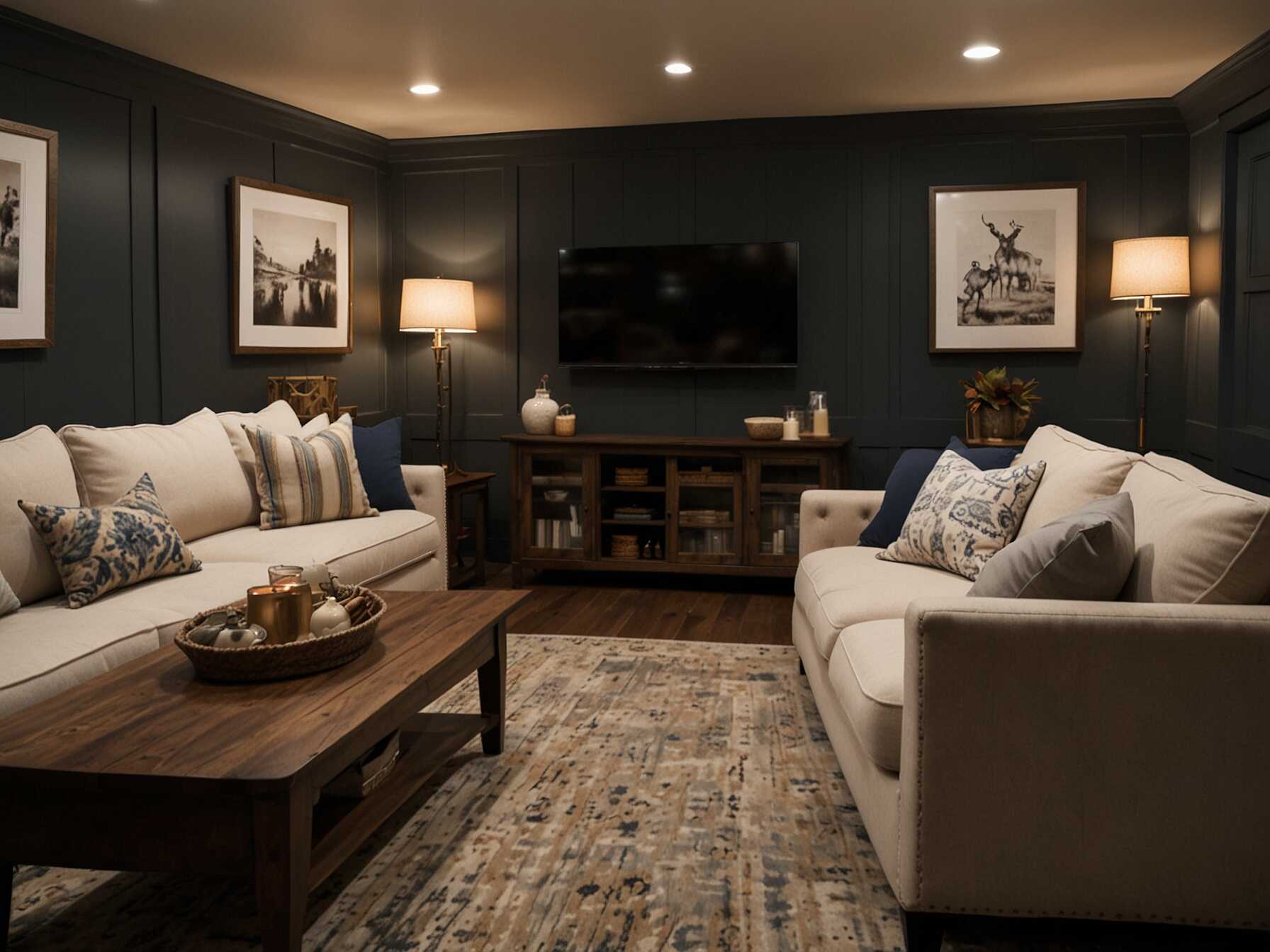 A cozy family room in your basement can be the perfect place to gather. Add comfortable sofas, a big coffee table, and a TV for movie nights. Use warm lighting and soft rugs to make it inviting and homey.  