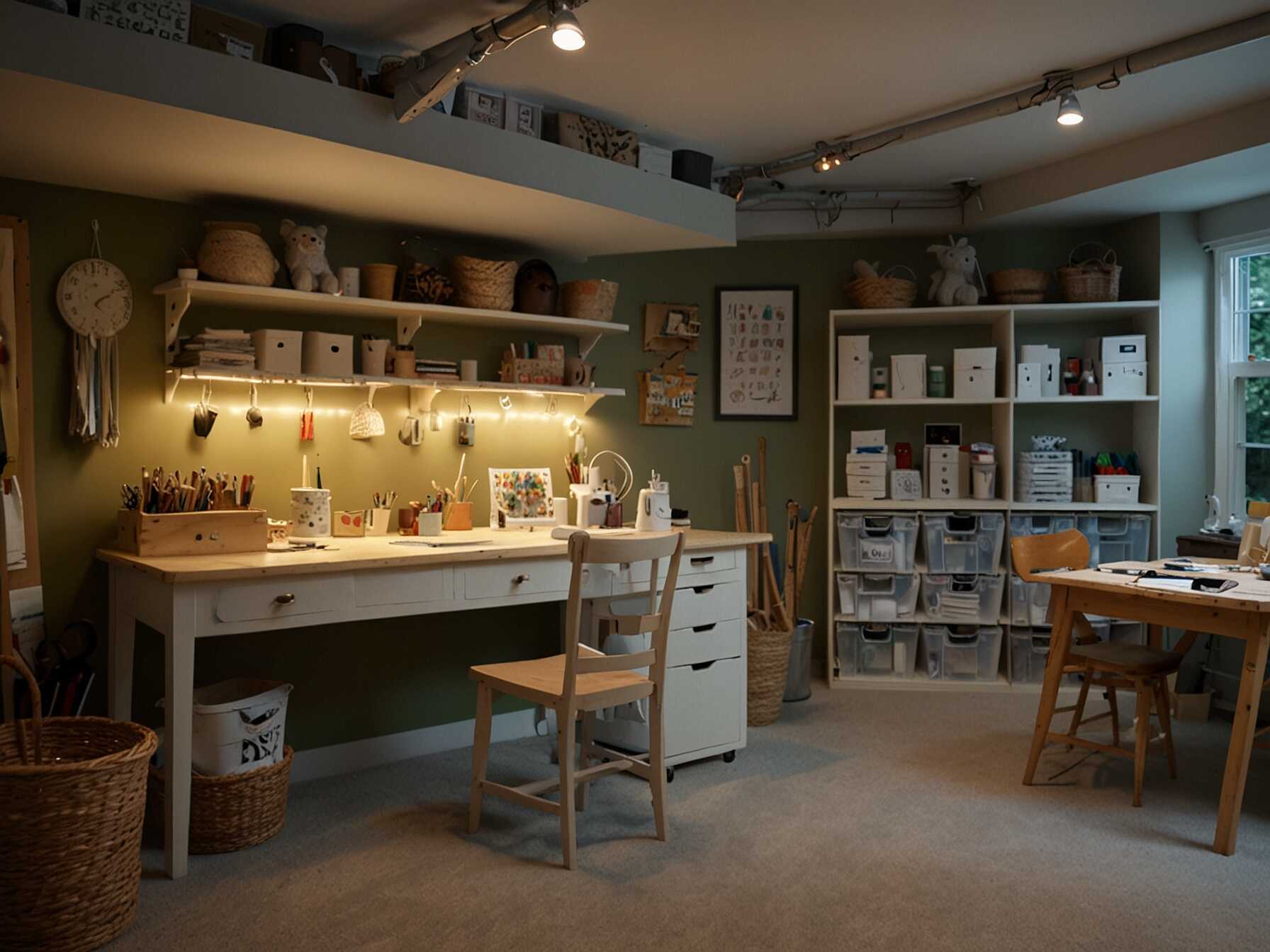 Set up a craft and hobby space in your basement. Use tables, storage bins, and shelves to organize materials. Good lighting is key for detailed work like sewing or painting.  