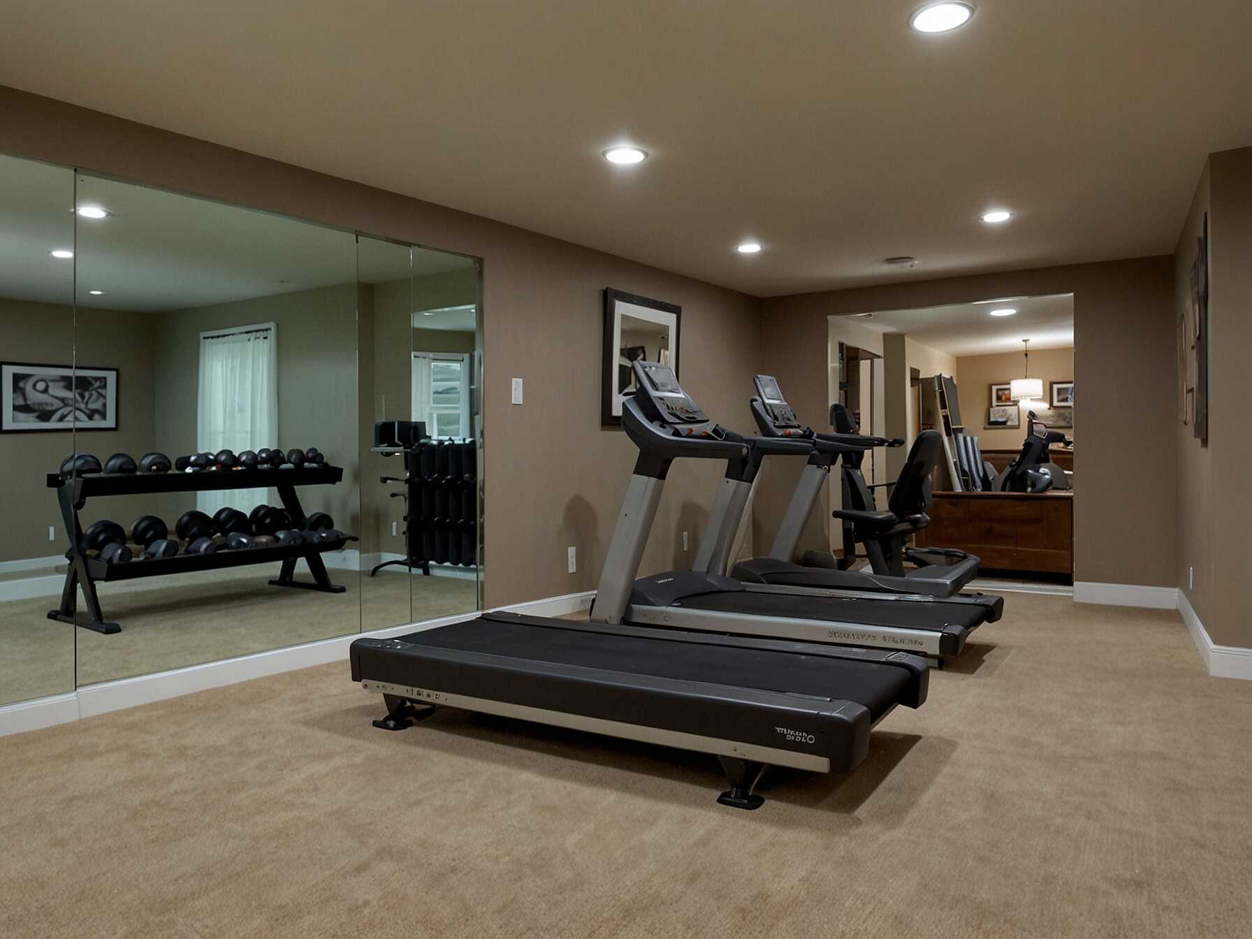 Turn your basement into a home gym. Place some exercise equipment like a treadmill, dumbbells, and yoga mats. Add mirrors to make the space feel bigger and to check your form while working out.  