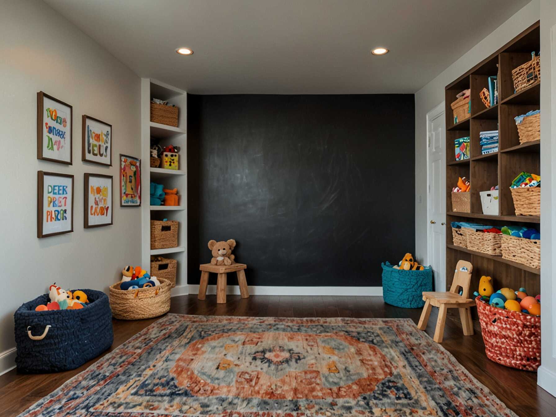 Make a dream playroom for your kids in the basement. Add colorful rugs, toy bins, and a chalkboard wall. Include a comfy reading nook for quiet time.  