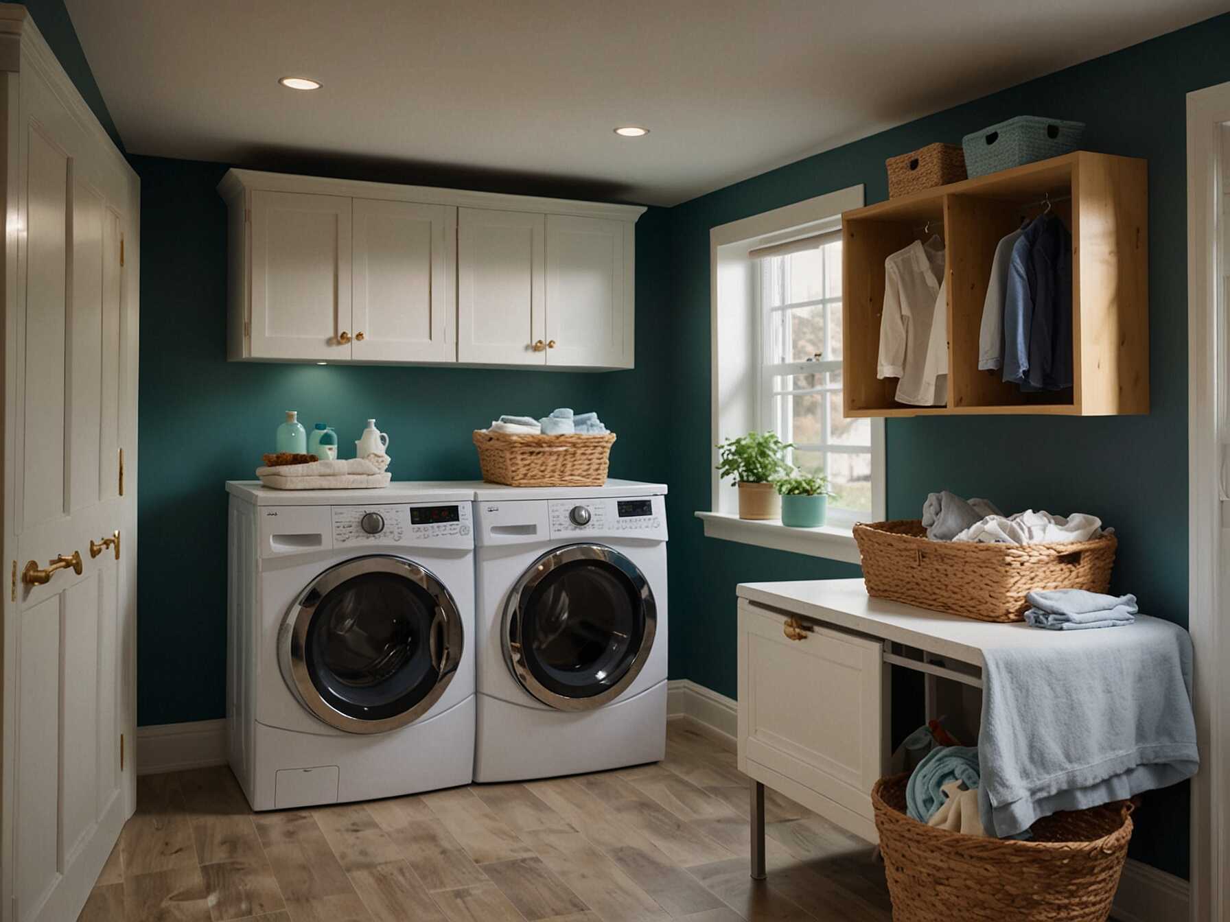 Transform your basement into a practical laundry room. Set up washer and dryer units, a foldable table, and cabinets for storage. Bright lighting helps with sorting and folding clothes.  