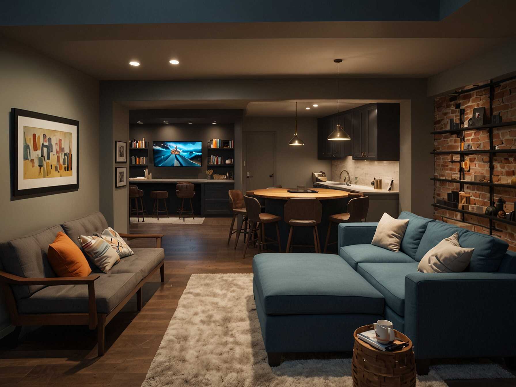 Design a multi-purpose room in your basement. Combine a workspace, gaming area, and lounge. Use flexible furniture like fold-out desks and sofa beds.  