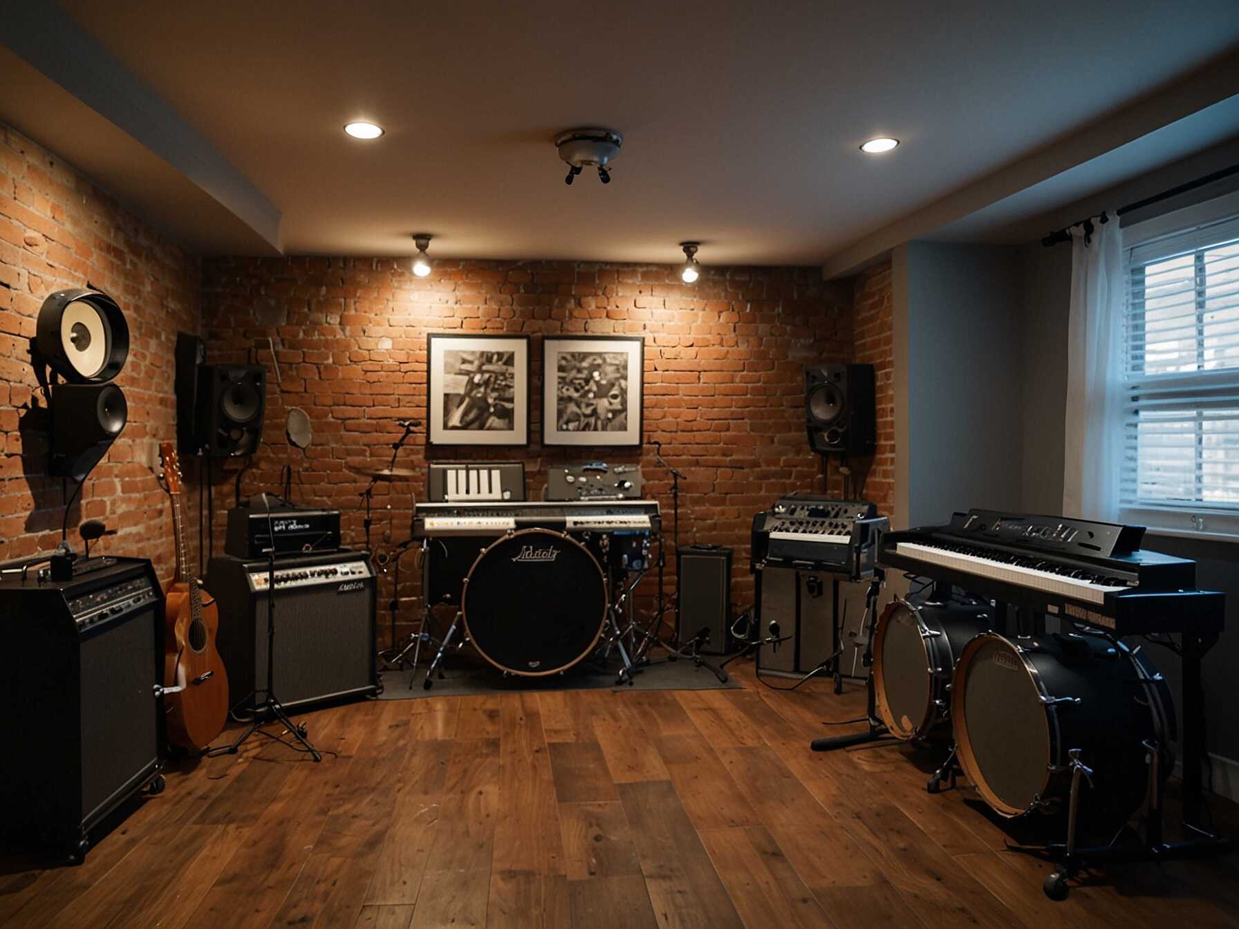 Create a music room in your basement. Soundproof the room and set up instruments and microphones. Add seating for band practice or small performances.  