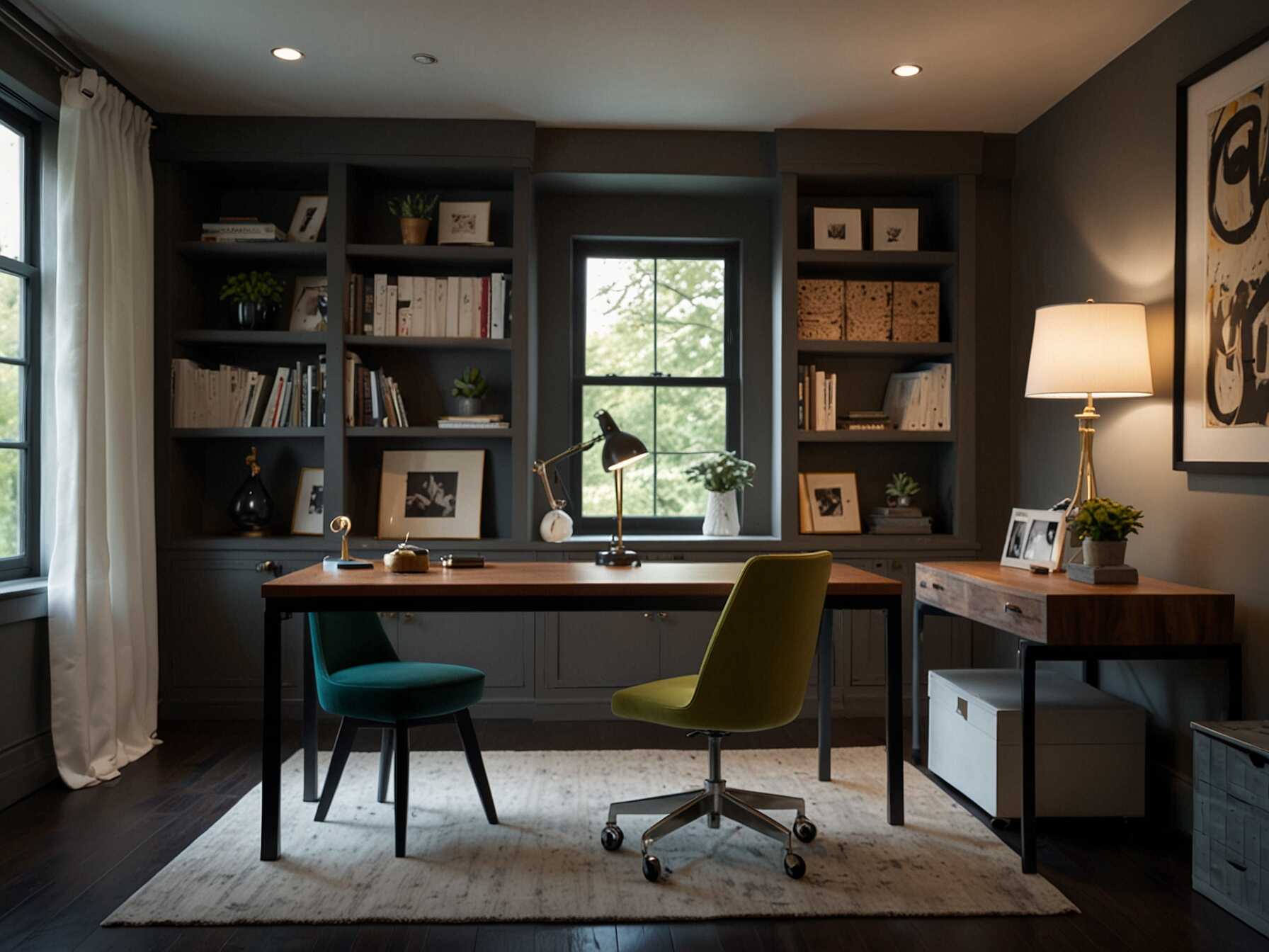 Create a stylish home office in your basement. Set up a desk, ergonomic chair, and good lighting. Use shelves or cabinets for storage and add some art for inspiration.  