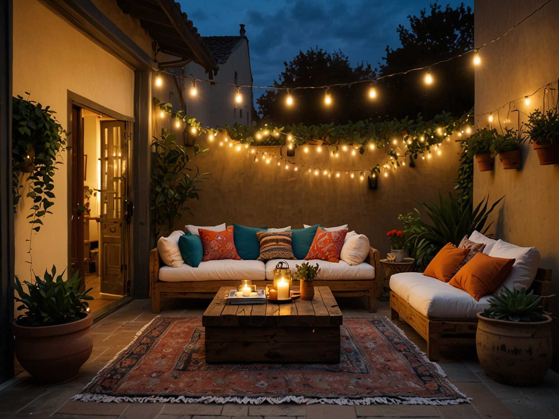  Go for a relaxed and eclectic vibe with a Bohemian courtyard. Mix and match different furniture styles and add lots of colorful cushions and blankets. Hang some string lights for a magical touch.  