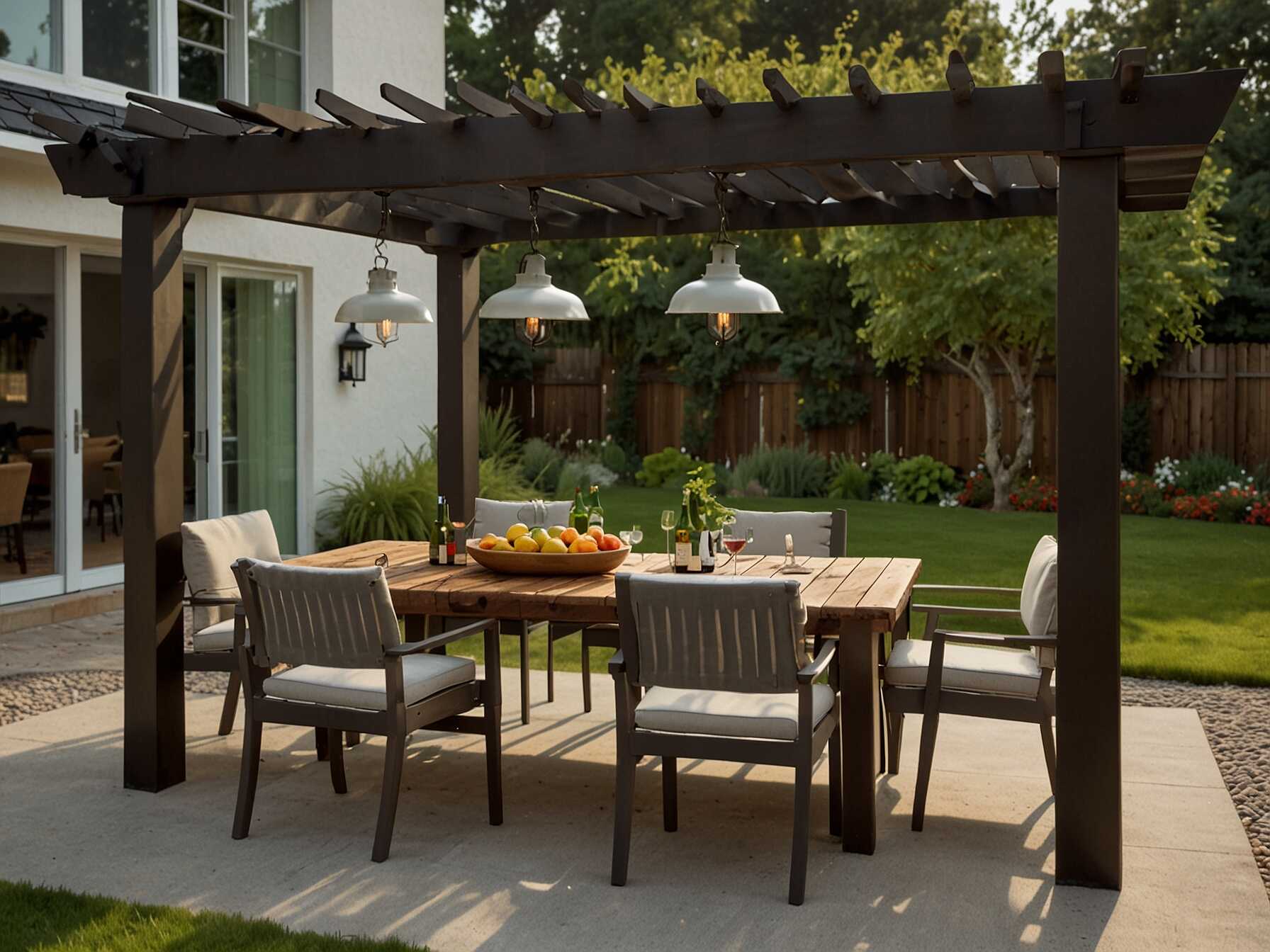  Create an outdoor dining area with a large table and comfortable chairs. Use a big umbrella or pergola for shade. This setup is great for having meals with family and friends.  