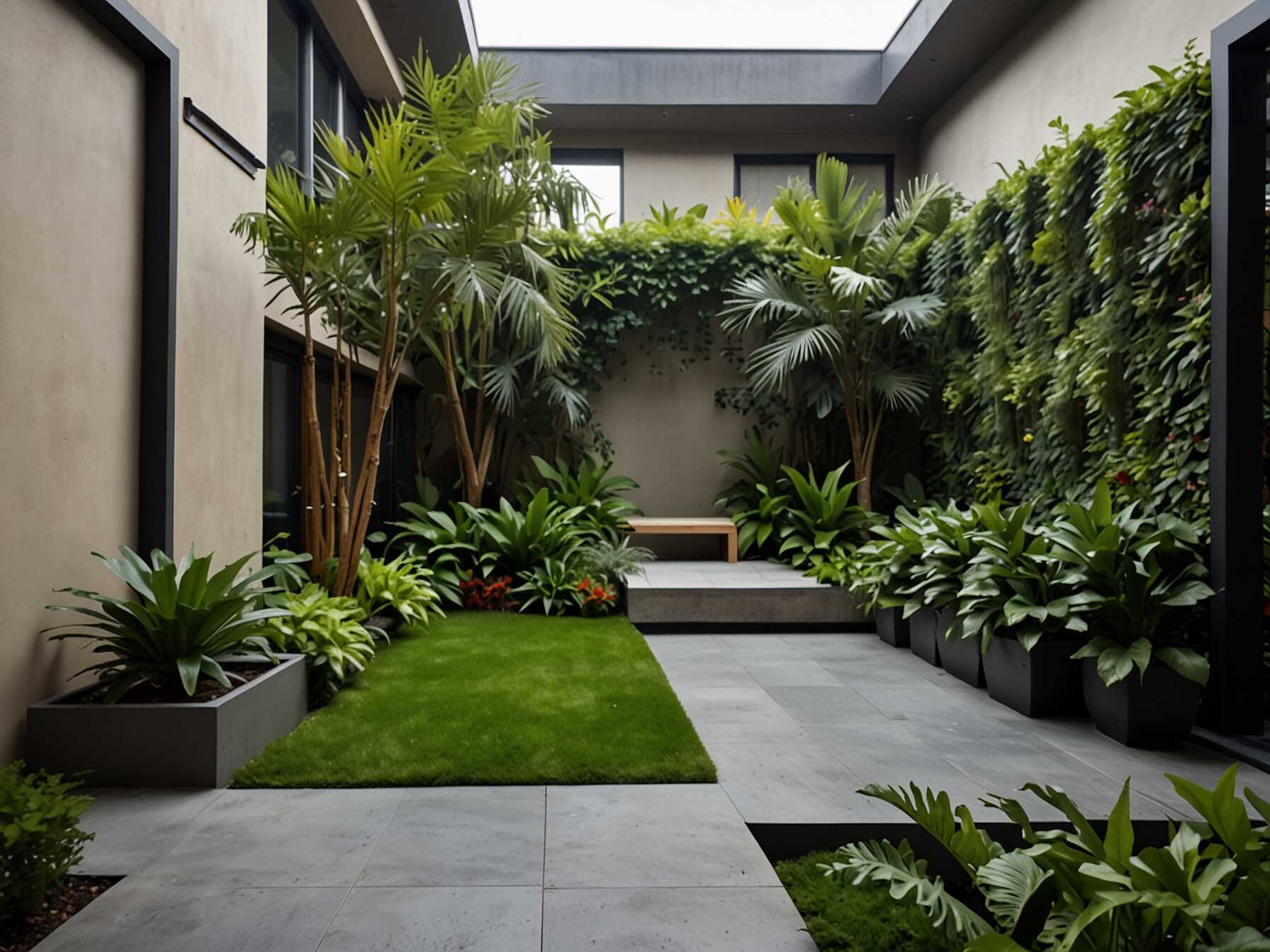  Create a lush and green courtyard by adding plenty of plants. Use different types of plants and flowers to bring life to the area. A variety of colors and textures can make it feel like a small jungle.  