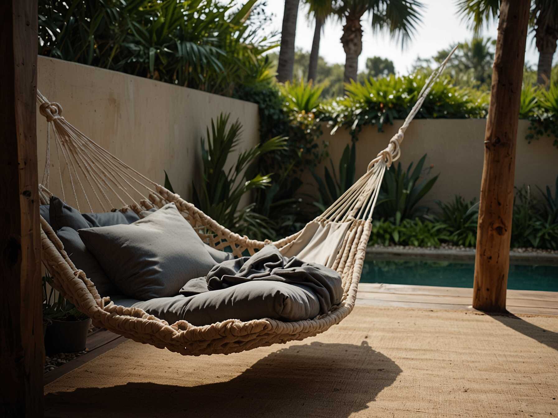  Set up a hammock or two for the ultimate relaxation spot. Add some soft outdoor cushions and throws for comfort. Surround the area with plants for a peaceful vibe.  