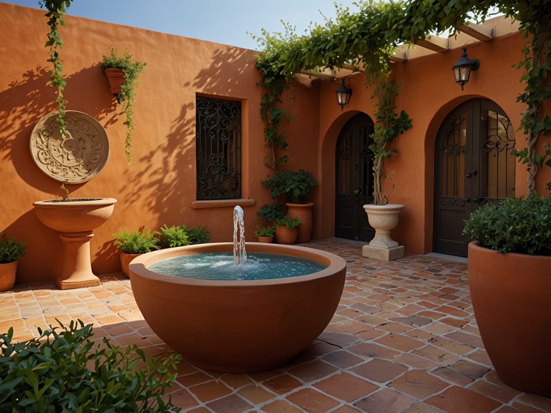  Bring a taste of the Mediterranean to your courtyard. Use terracotta pots, climbing vines, and bright, bold colors. Add a fountain or water feature to complete the look.  