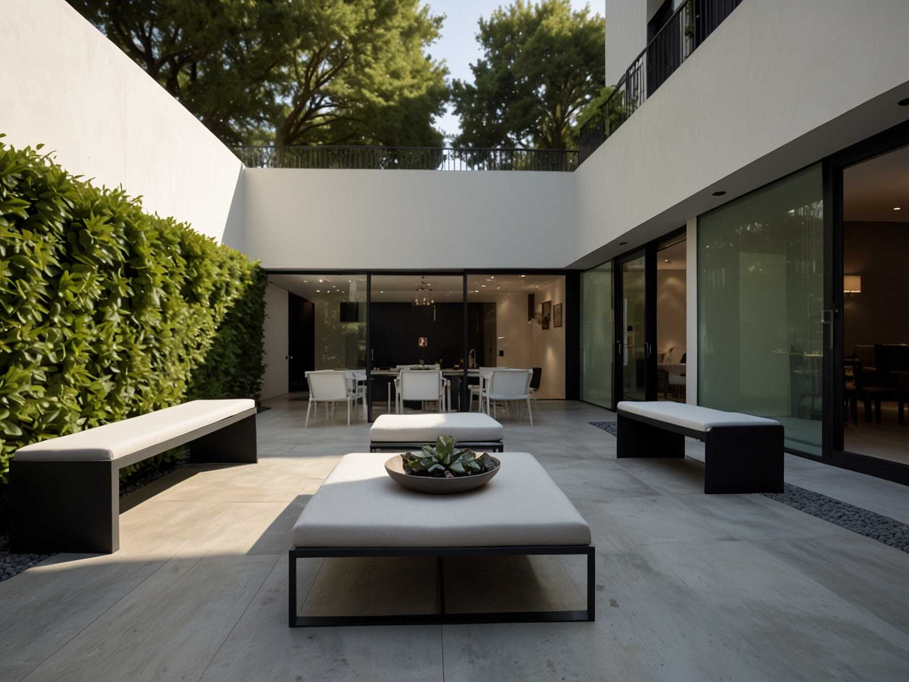  Give your courtyard a sleek, modern look with clean lines and contemporary furniture. Use materials like metal and glass. Stick to a monochromatic color scheme for a chic and elegant space.  