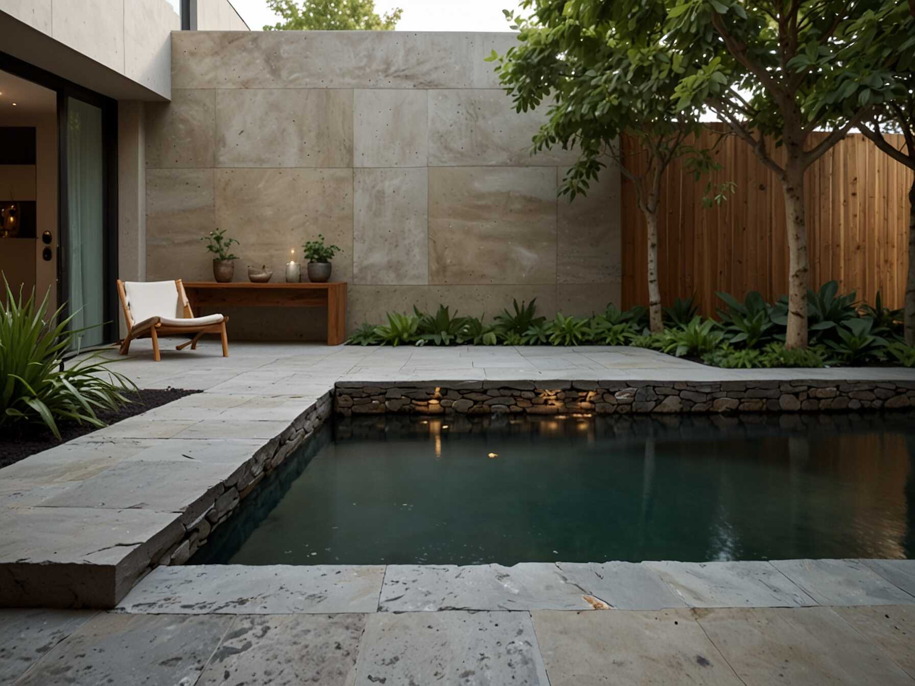  Use natural materials like stone, wood, and plants to create a nature-inspired courtyard. Add a small pond or rock feature for extra tranquility. This design brings the feel of the great outdoors to your home.  