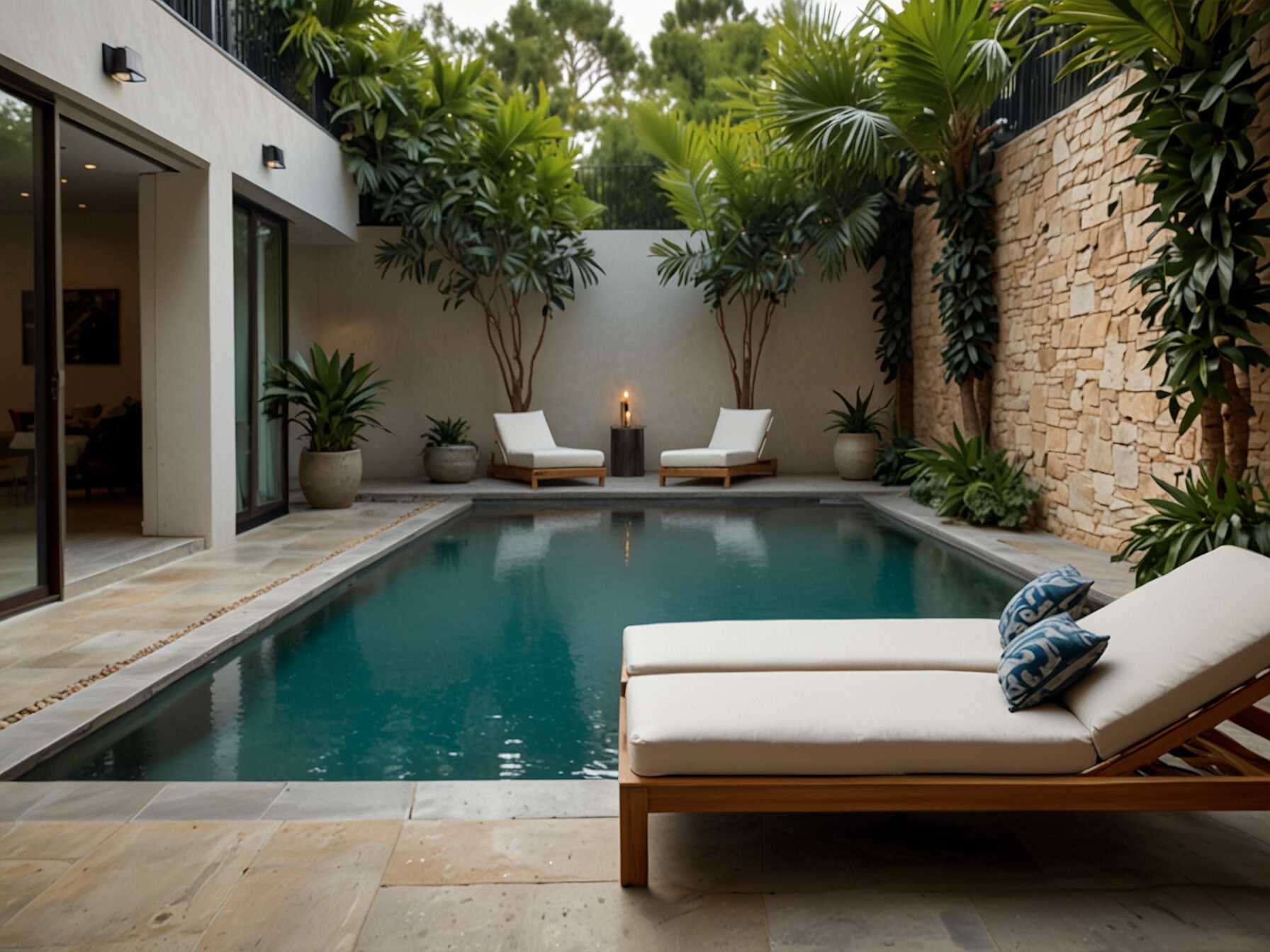  If you have the space, add a small pool or spa to your courtyard. Use loungers and outdoor cushions to create a relaxing poolside retreat. Add some tropical plants for a vacation-like feel.  