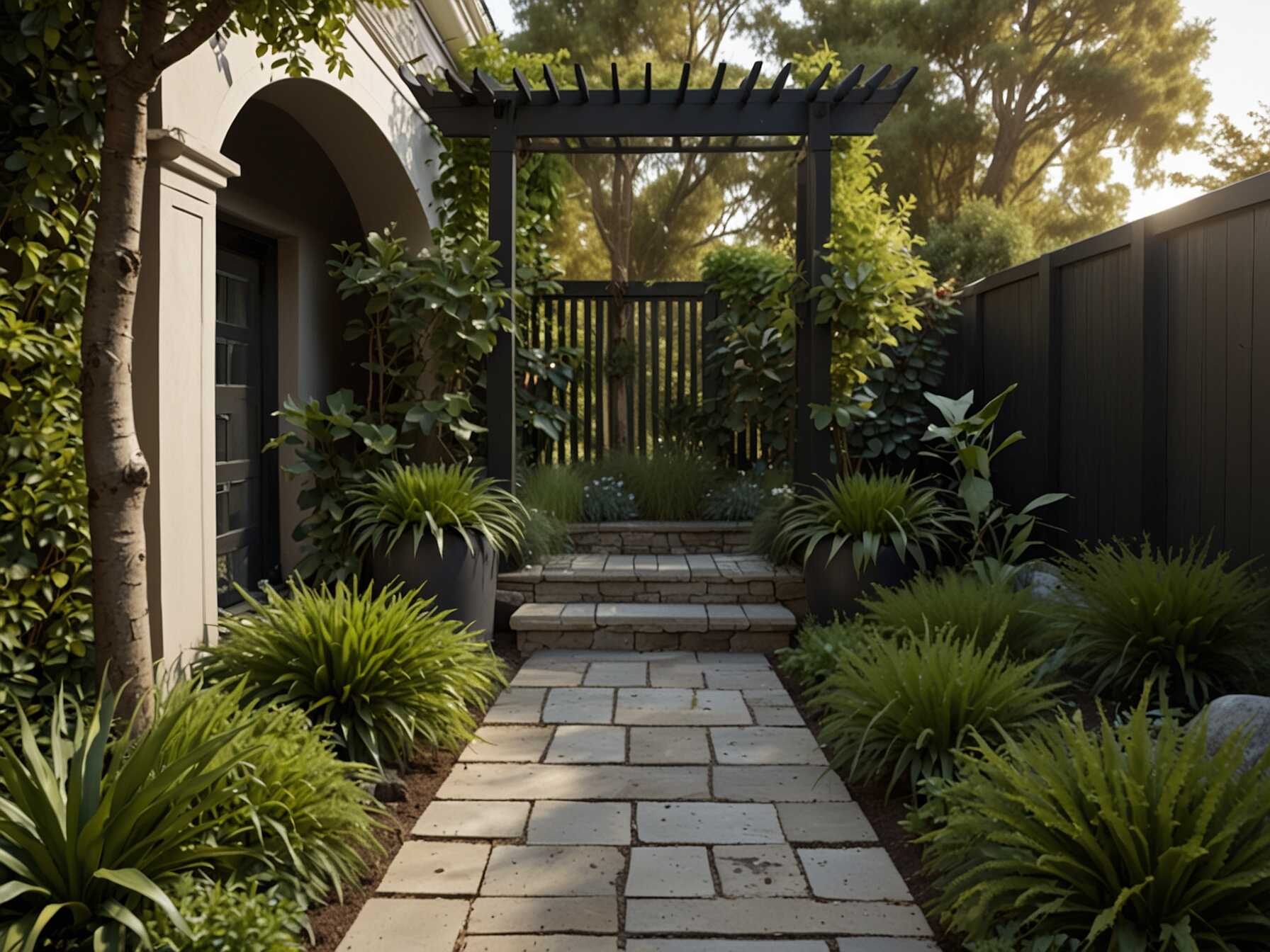  Create a hidden oasis by adding tall plants or trellises for privacy. Use winding pathways and cozy nooks to make it feel like a secret garden. This is a great design for small spaces.  