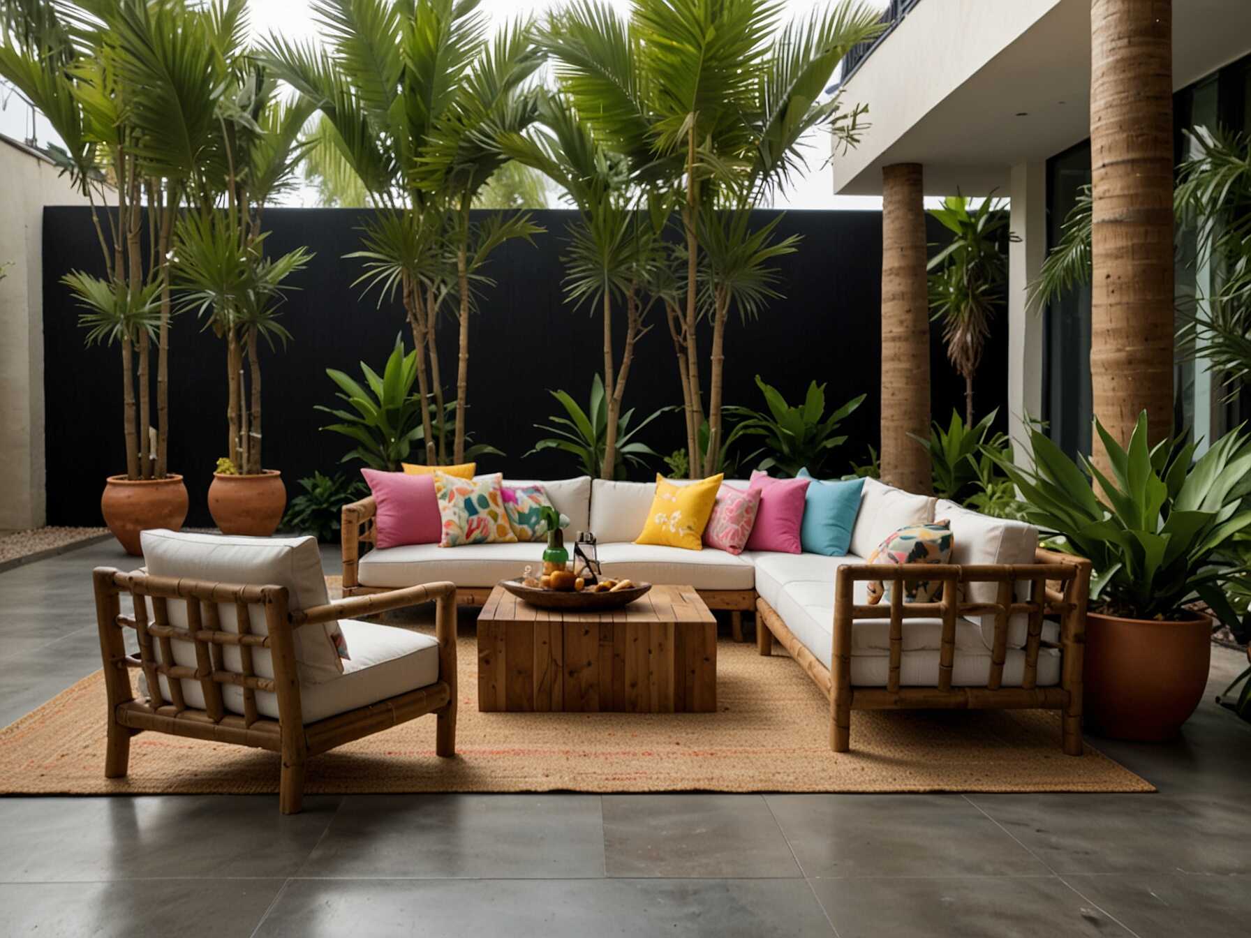  Turn your courtyard into a tropical paradise with palm trees, bright flowers, and colorful furniture. Use bamboo or rattan furniture for a beachy feel. Add some tiki torches for fun lighting.  