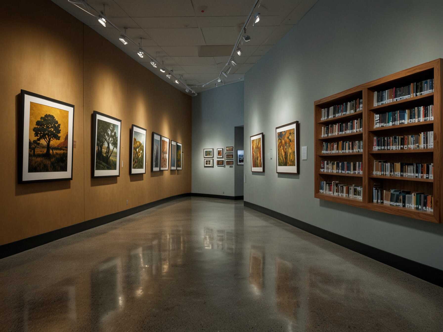 Dedicate some wall space for displaying local art. Rotating art exhibits can make the library visually interesting and support local artists. Its a win-win for the library and the community.  