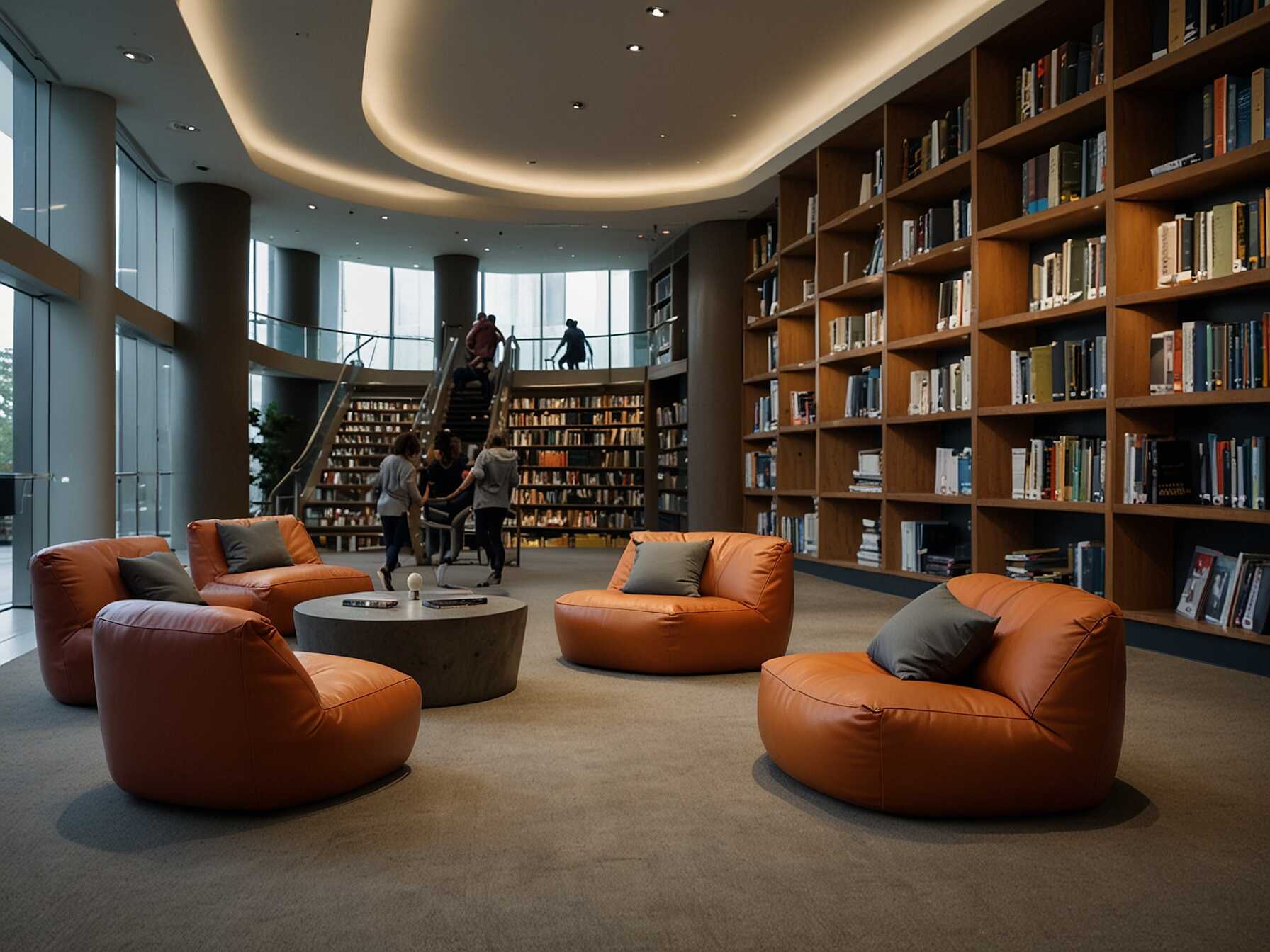 Use a variety of comfortable seating options throughout the library. Bean bags, armchairs, and sofas can make the space feel inviting. People will stay longer if theyre comfortable.  