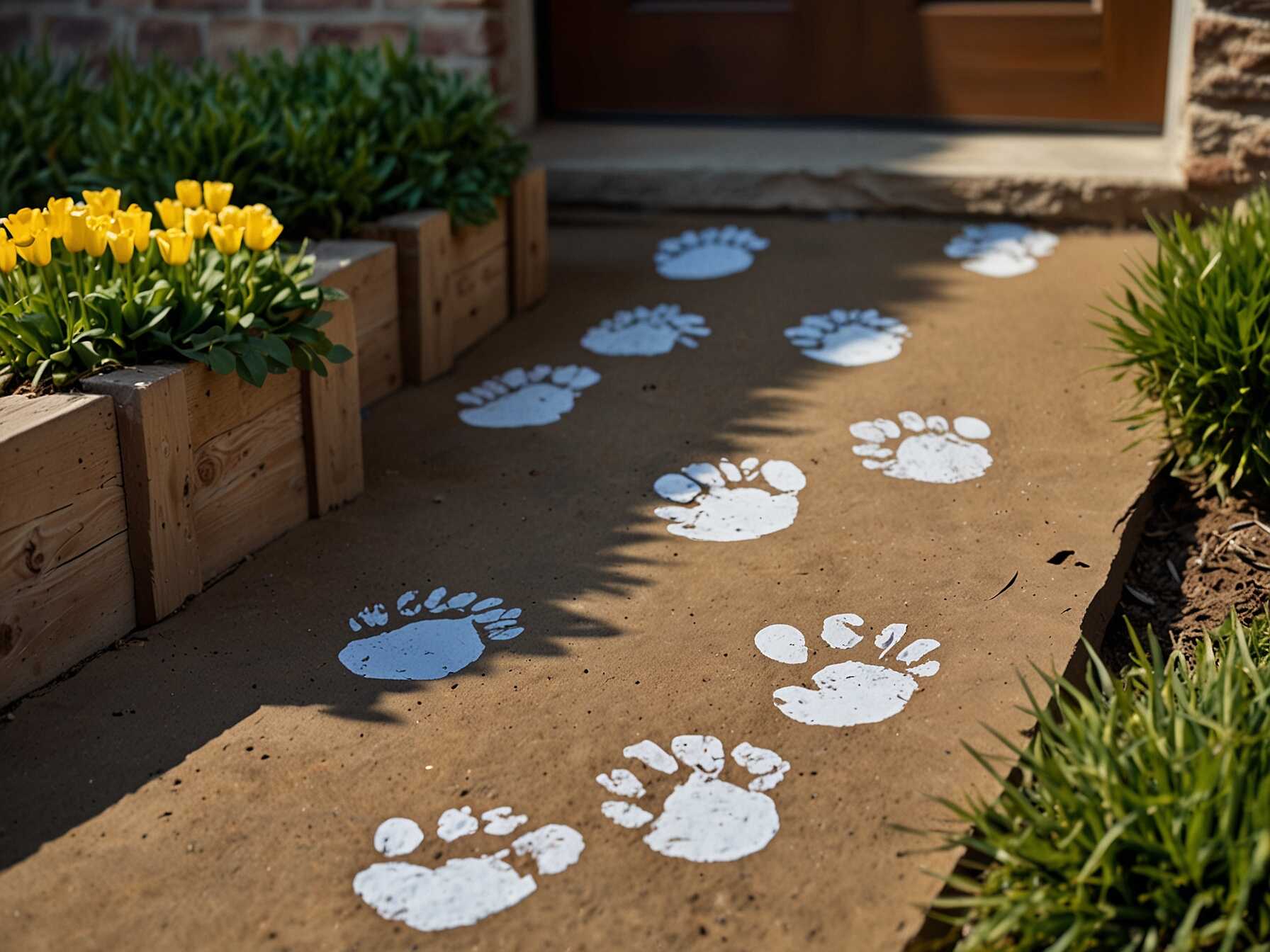 Create bunny footprints leading up to your front door. Use washable paint or chalk to draw the footprints on your porch or walkway. This creates a fun and whimsical trail for guests to follow.  Add some hints or clues about where the bunny might have hidden eggs. This is especially fun for visiting kids who love a bit of adventure. It adds a playful element to your Easter decor.  Bunny footprints are easy to make and wash off. They bring a smile to anyone visiting your home, adding to the festive spirit.  