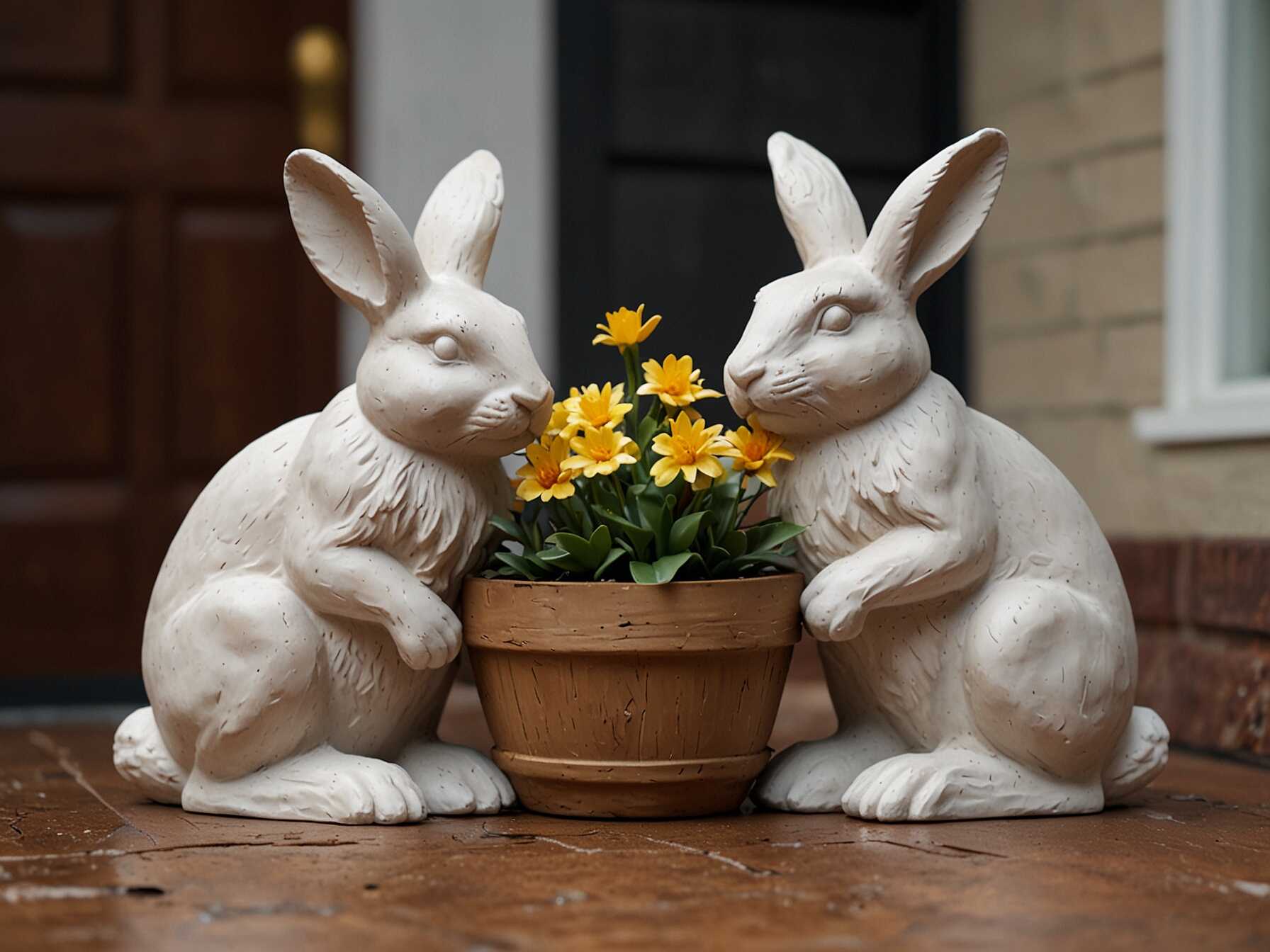 Bunny statues are a fun way to add some Easter spirit to your porch. You can find them in various sizes and styles at most home decor stores. Choose a few that match your porch's overall look.  Place the statues near your door or among your flower pots. They look great when paired with other Easter decorations like eggs and flowers. You can even paint them in pastel colors for a more festive touch.  Kids will love seeing these cute bunnies as they come and go. It adds a playful touch to your entrance, making everyone feel welcome.  