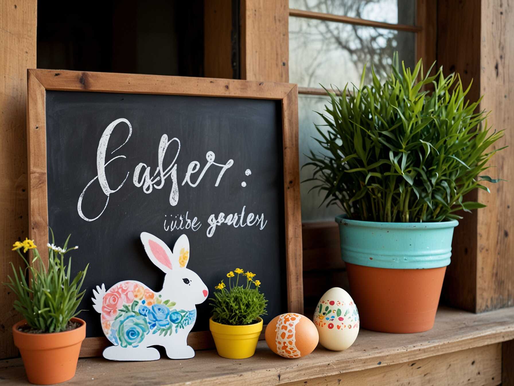 Use a chalkboard sign to write festive Easter messages. You can write things like Happy Easter or draw cute bunnies and eggs. This adds a personal touch to your porch decor.  Place the sign near your door or among your flower pots. Change the messages or drawings as often as you like. It's a simple way to keep your decorations fresh and interesting.  Chalkboard signs are versatile and reusable. They are perfect for any season, not just Easter. Plus, they are fun for both kids and adults to use.  