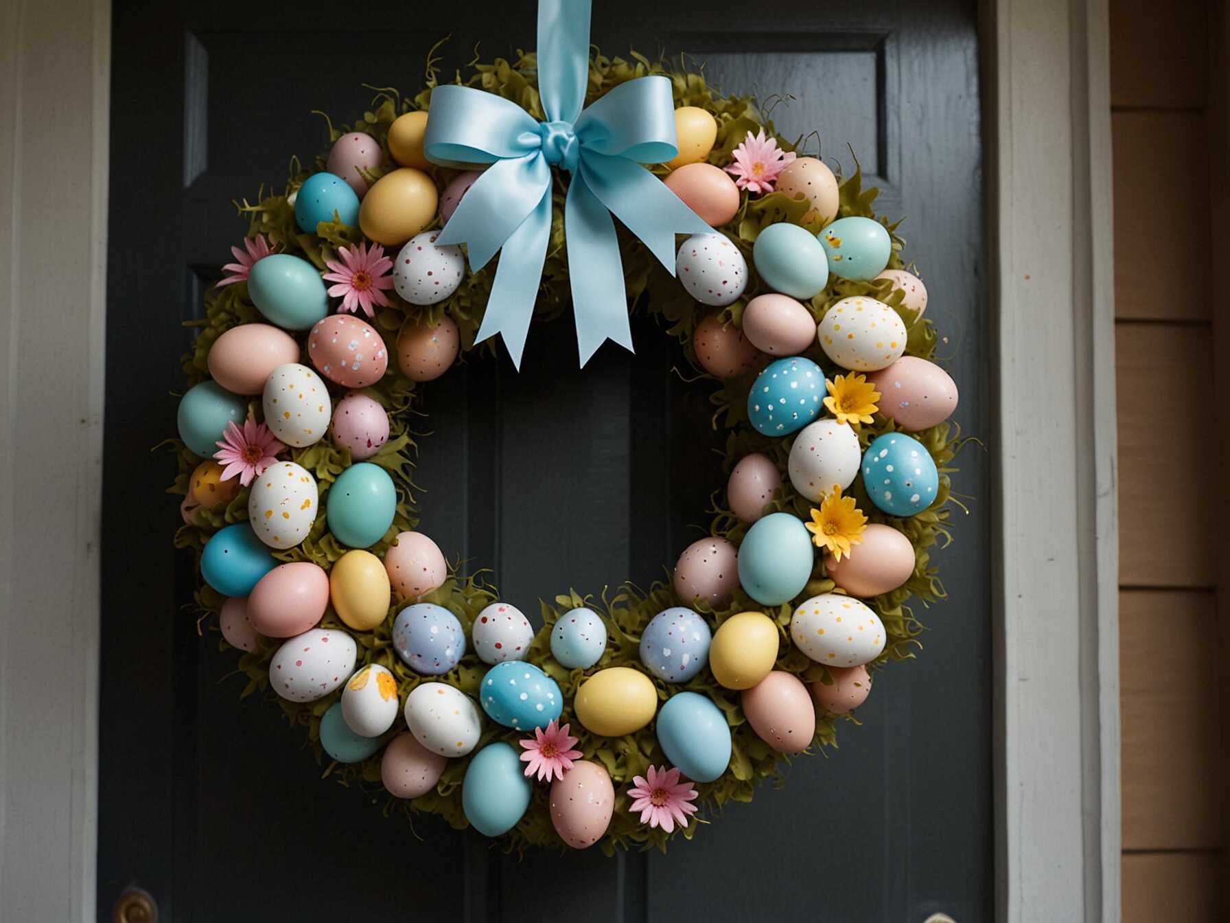 A wreath is a classic decoration that can brighten up your porch instantly. Choose one with pastel colors, like pink, blue, and yellow, to match the Easter theme. You can either make one yourself or buy a ready-made wreath from a store.  If you want to get crafty, consider adding Easter eggs and flowers to your wreath. Use a hot glue gun to attach plastic eggs and silk flowers. This not only looks festive but also shows off your creativity.  Hang your wreath on your front door for the best effect. It will be the first thing guests see when they visit. Plus, it's a simple way to spread Easter cheer.  