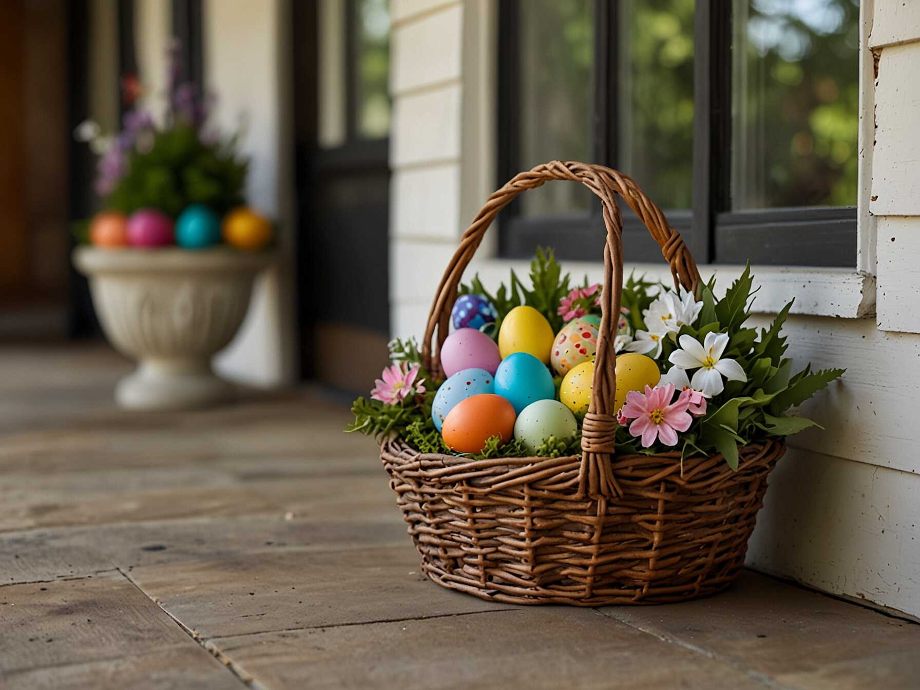 Set up a display of Easter baskets on your porch. Fill them with colorful eggs, flowers, and small plush toys. Choose baskets of different sizes to create an interesting arrangement.  Place the baskets on a bench or table near your door. This creates a charming and festive scene that greets your guests. You can even hide small treats in the baskets for visiting kids.  Easter baskets are a classic symbol of the holiday. They add a touch of tradition and festivity to your porch decor.  