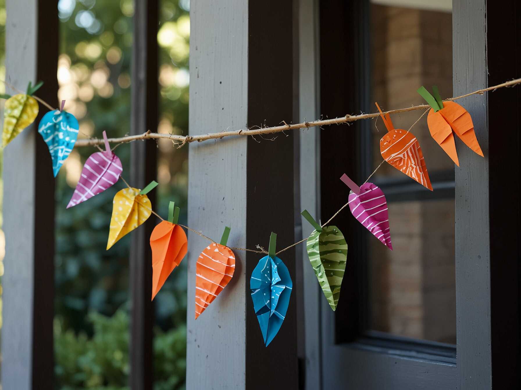 Garlands are a great way to add a festive touch to your porch. You can make one using colorful paper, ribbon, or even fabric. Cut out shapes like Easter eggs, carrots, or bunnies and string them together.  Hang the garland around your doorframe or along the railing. It instantly makes your porch look more cheerful and inviting. Plus, it's a fun project you can do with the kids.  The best part about garlands is that they are easy to make and store. You can reuse them year after year, making your Easter celebrations even more special.  