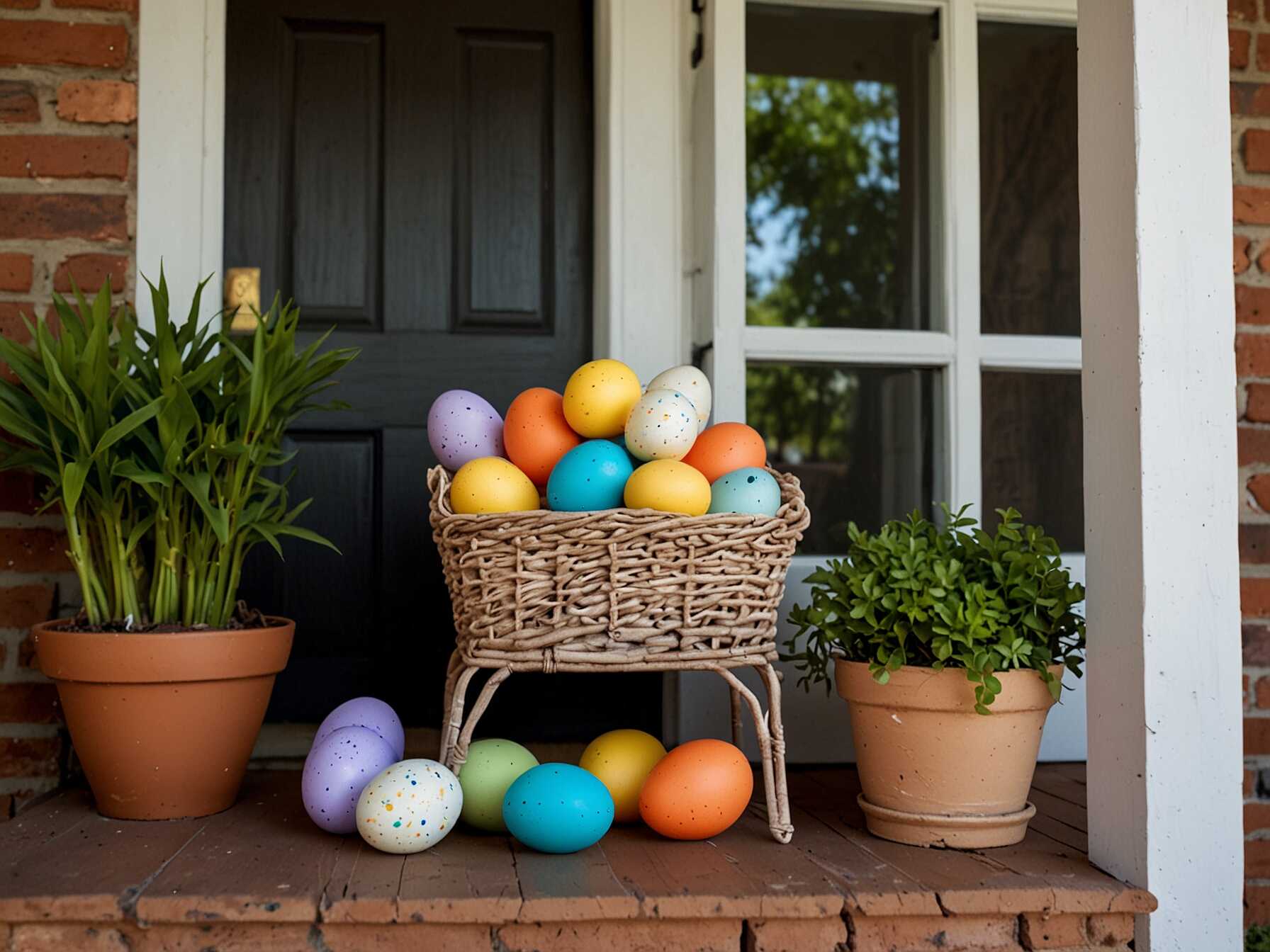 If you have space, set up a small egg hunt area on your porch. Hide plastic eggs filled with treats around your porch furniture and plants. This adds an interactive element to your decor.  Invite kids to find the eggs when they visit. They will have a blast searching for the hidden treasures. You can even leave some clues to make the hunt more exciting.  An egg hunt area makes your porch lively and fun. It’s a hit with kids and adds a bit of adventure to your Easter decor.  