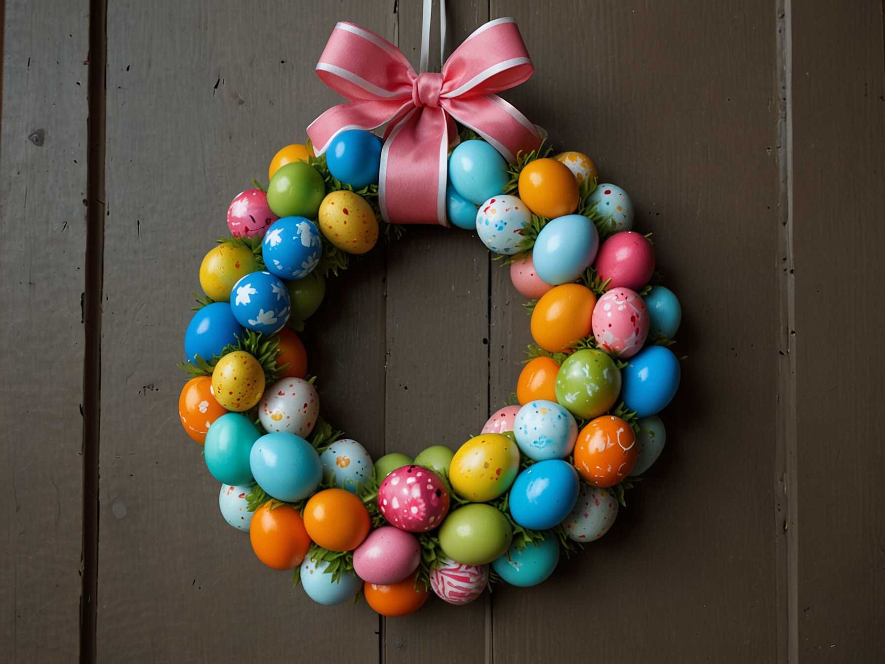 Similar to a traditional wreath, but made entirely of Easter eggs. Use plastic or foam eggs and a hot glue gun. Arrange the eggs in a circle and glue them together. Add a bow for a finishing touch.  Hang the egg wreath on your front door or a wall near the entrance. It’s a colorful and eye-catching decoration. You can even make smaller versions to hang around your porch.  Egg wreaths are a unique twist on the classic decoration. They are sure to bring a festive vibe to your porch.  