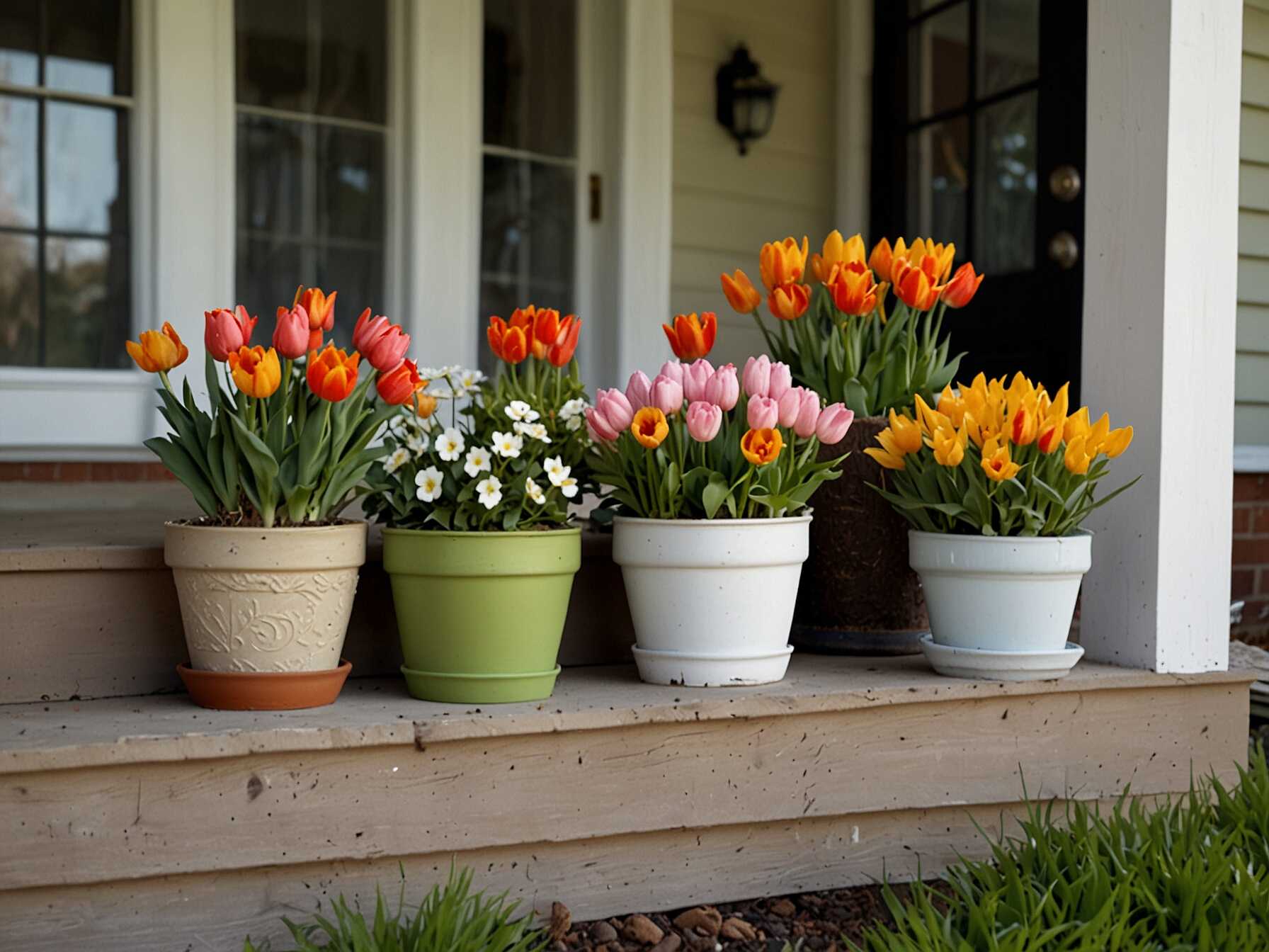 Create a mini garden on your porch using small pots and planters. Plant spring flowers like tulips, daffodils, and lilies. Add some Easter-themed decorations, like tiny eggs or bunny figurines, among the plants.  Arrange the pots in a cluster near your door or along your porch steps. This brings a burst of color and freshness to your porch. Plus, it’s a great way to showcase your green thumb.  A mini garden adds beauty and life to your porch. It’s a lovely way to celebrate the renewal of spring and Easter.  