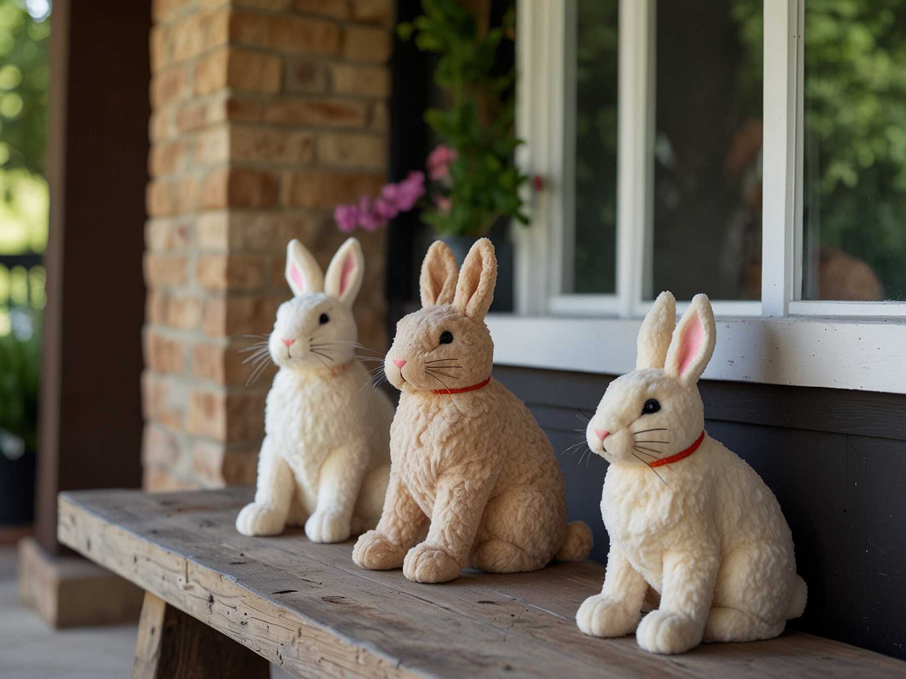 Soft, plush bunnies can make your porch look cozy and inviting. Choose bunnies in various sizes and colors to create a playful scene. Arrange them on a bench or near your door.  Consider adding small baskets filled with Easter eggs next to the bunnies. This adds an extra layer of fun and whimsy. You can also place some colorful pillows to complete the look.  Plush bunnies are easy to find and very affordable. They are an excellent way to bring a soft, welcoming vibe to your porch.  